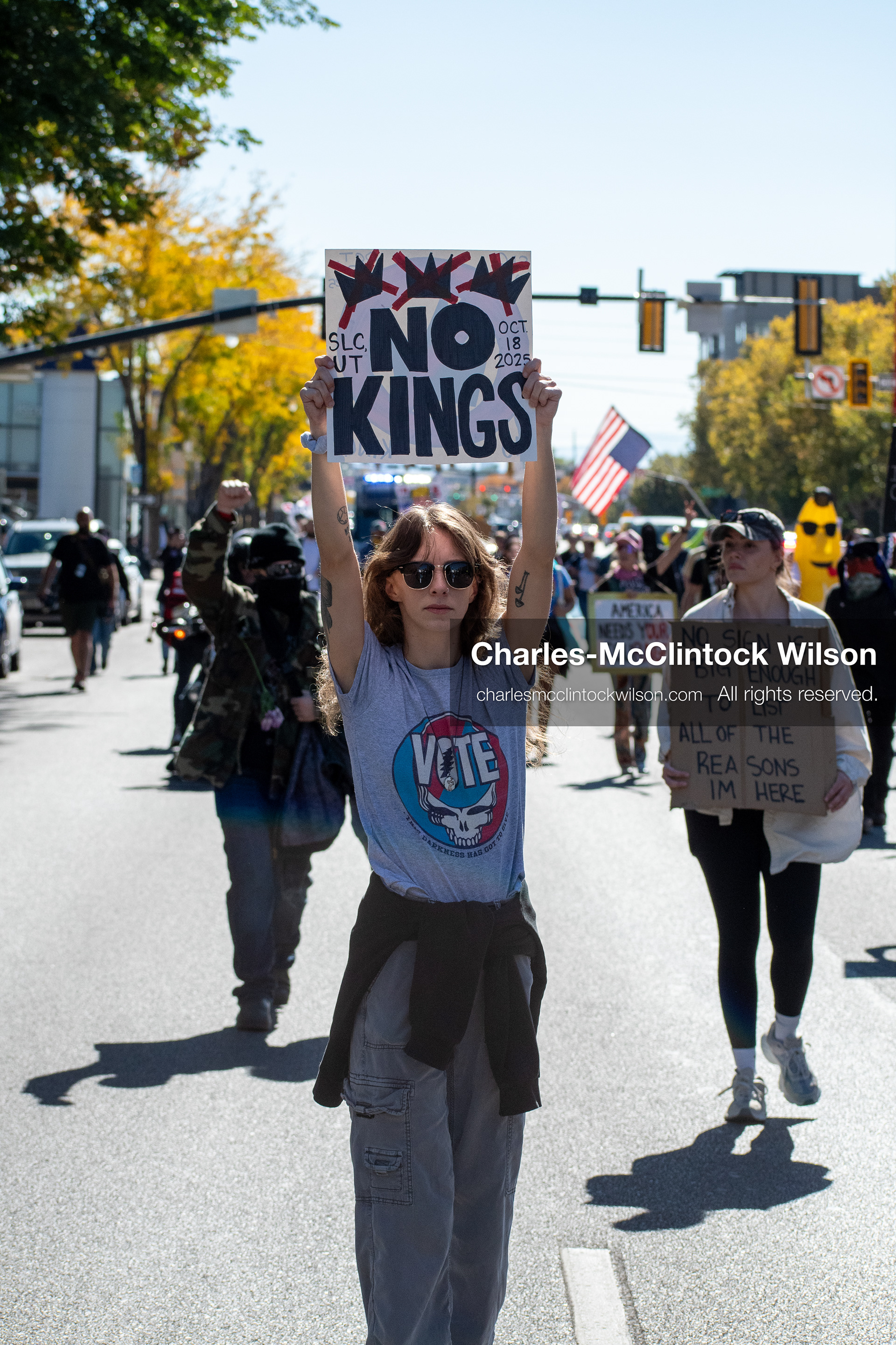 October 18, 2025, Salt Lake City, Utah, USA: A demonstrator holds a stylized "No Kings" sign during a protest in Salt Lake City, Utah. The protest was part of a nationwide mobilization.
