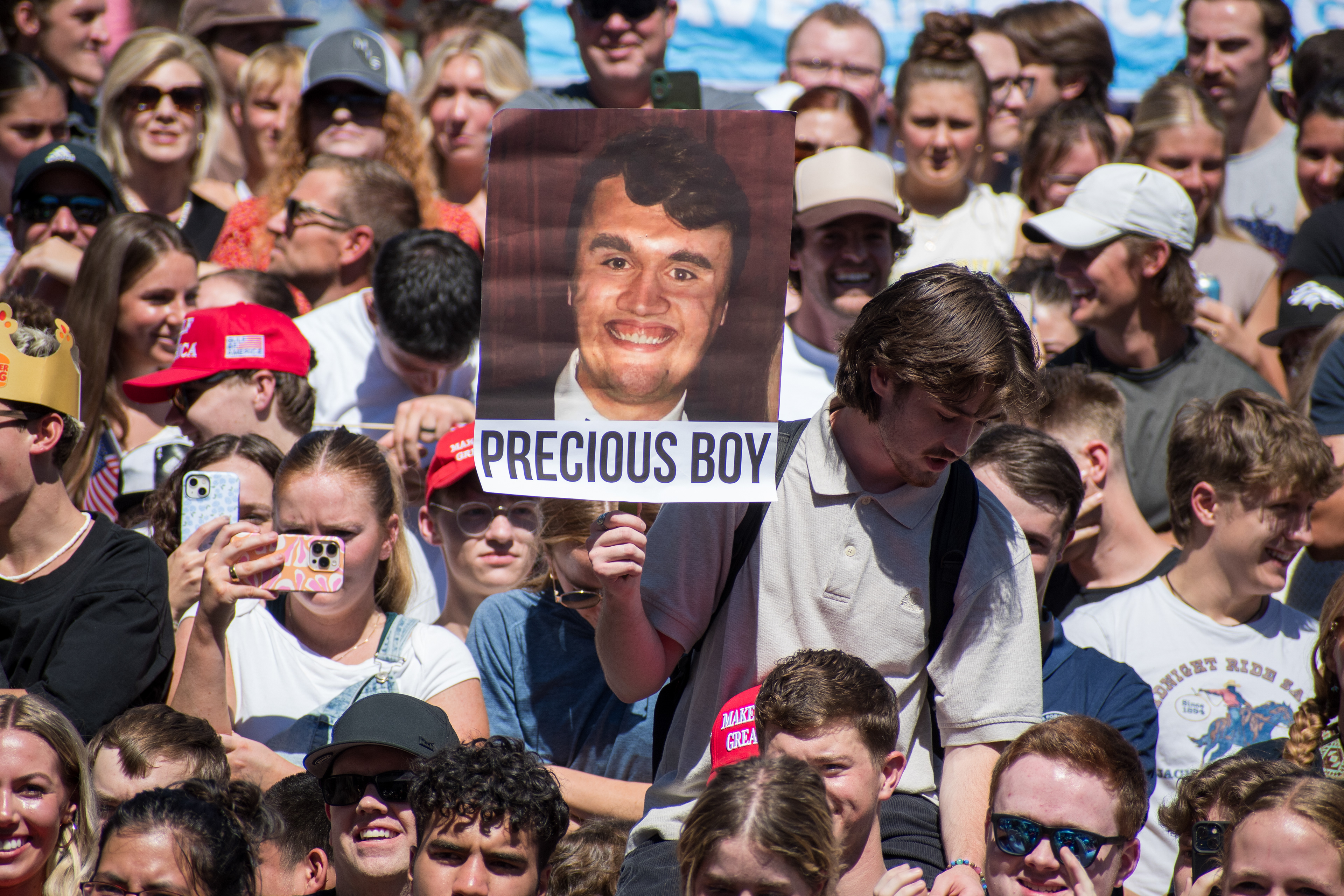 OREM, UTAH – SEPTEMBER 10, 2025: Attendees gather in close formation at Utah Valley University for the opening stop of the American Comeback Tour. The image captures a moment of shared anticipation and civic presence, reflecting the energy, emotion, and communal engagement that defined the event’s intended spirit. © Charles-McClintock Wilson / ZUMA Press