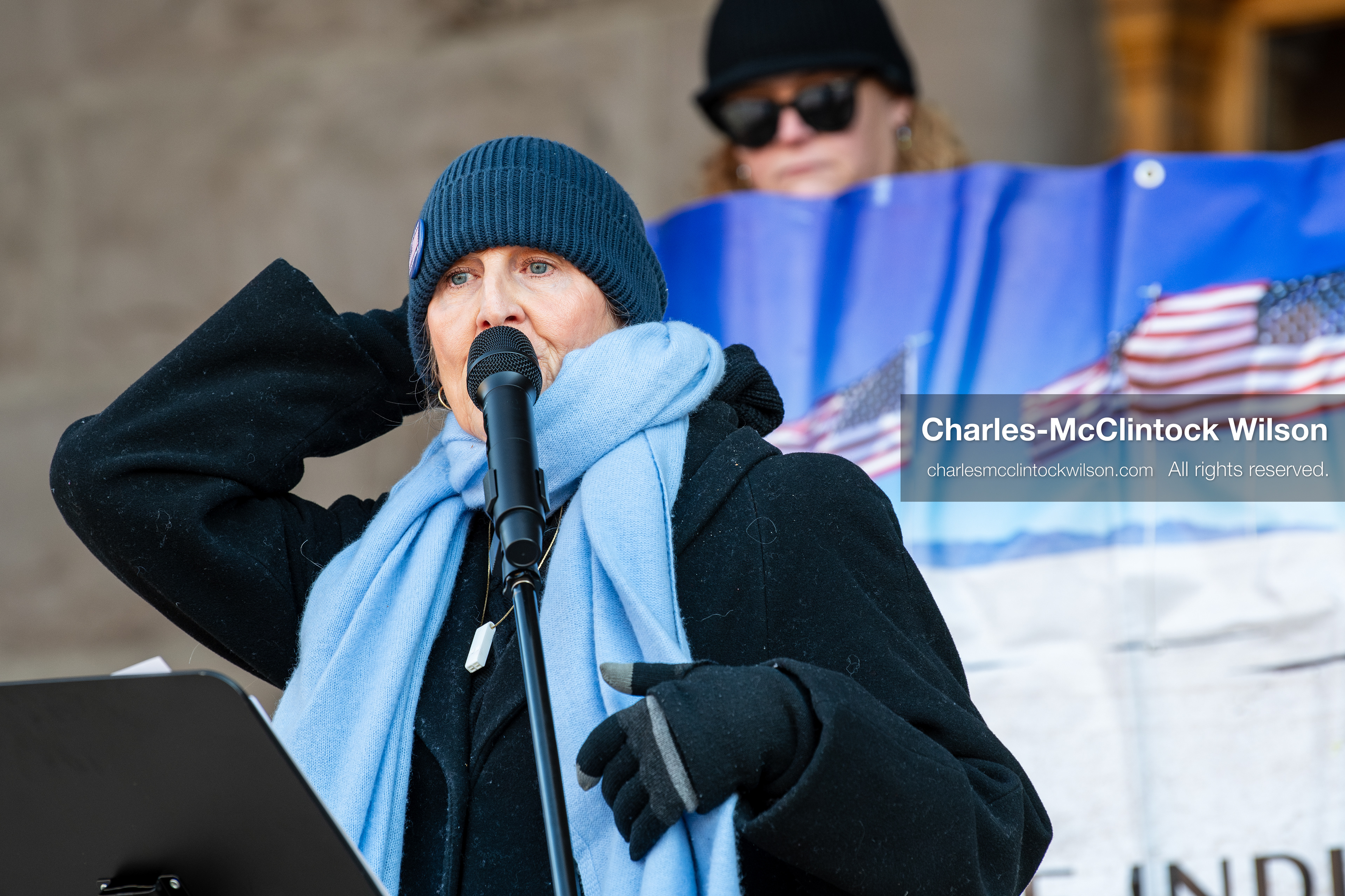 Salt Lake City, Utah, January 10, 2026: Sarah Buck, leader and key organizer for Salt Lake Indivisible, speaks during the ICE Out for Good protest at Washington Square Park, a demonstration calling for justice for Renee Nicole Good. Salt Lake Indivisible is a local grassroots organization that opposes policies of the Trump administration and advocates for democratic protections. (Credit Image: © Charles‑McClintock Wilson/ZUMA Press Wire)