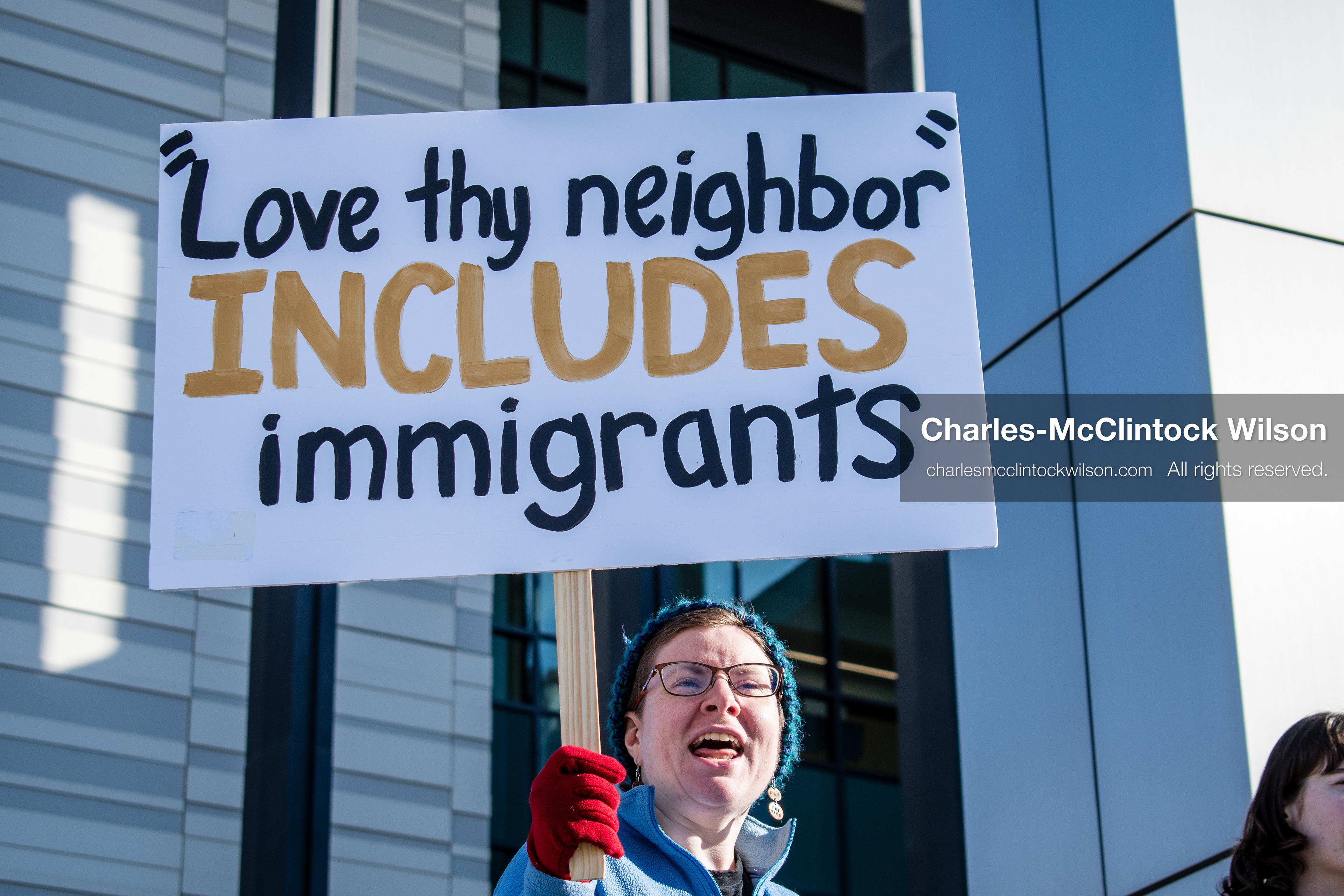 January 20, 2026, Provo, Utah, USA: A demonstrator holds a sign reading Love thy neighbor includes immigrants during the Free America Walkout outside Provo City Hall in Provo Utah on January 20 2026. The nationwide protest called for justice and immigration reform. (Credit Image: © Charles-McClintock Wilson/ZUMA Press Wire)