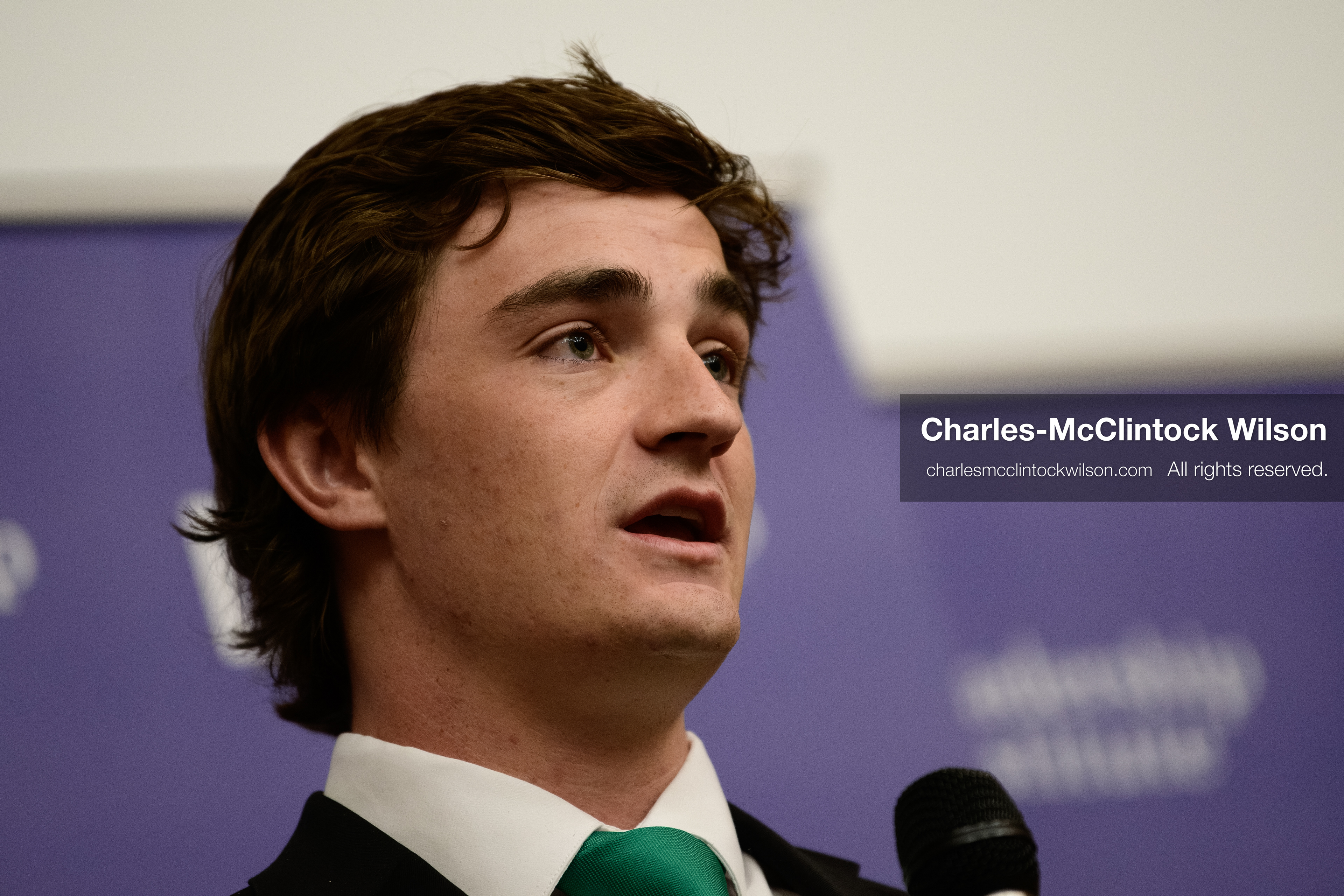 Salt Lake City, Utah, USA — US YouTuber Nick Shirley speaks during a “Learing Tour” event organized by the Utah Federation of College Republicans at the University of Utah, April 10, 2026. (Credit Image: © Charles-McClintock Wilson/ZUMA Press Wire)