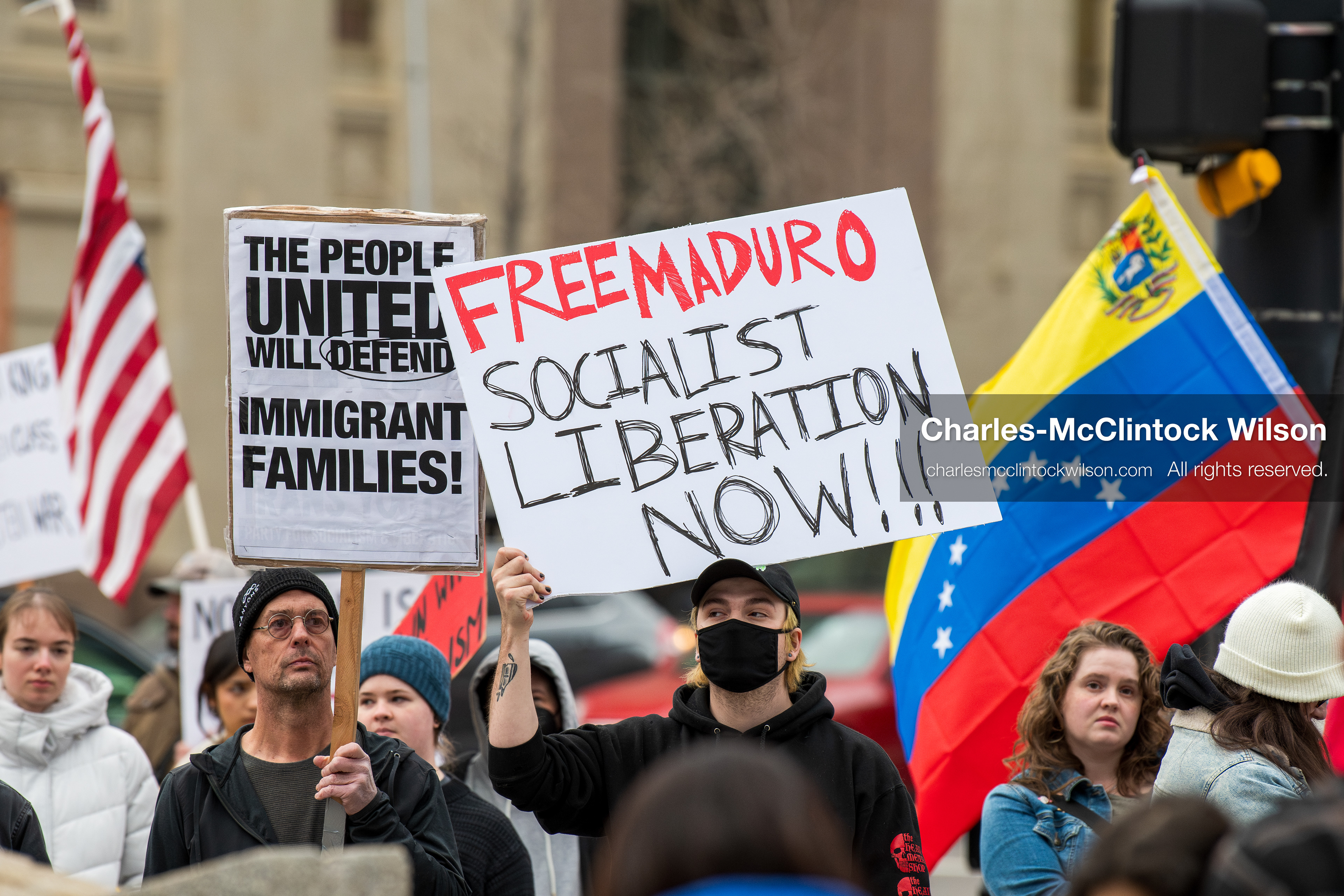 January 3, 2026, Salt Lake City, Utah, USA: Protesters hold signs during an emergency demonstration against US action in Venezuela outside the Wallace Federal Building in Salt Lake City, Utah. The event was part of a nationwide mobilization responding to recent military developments. (Credit Image: (c) Charles‑McClintock Wilson/ZUMA Press Wire)