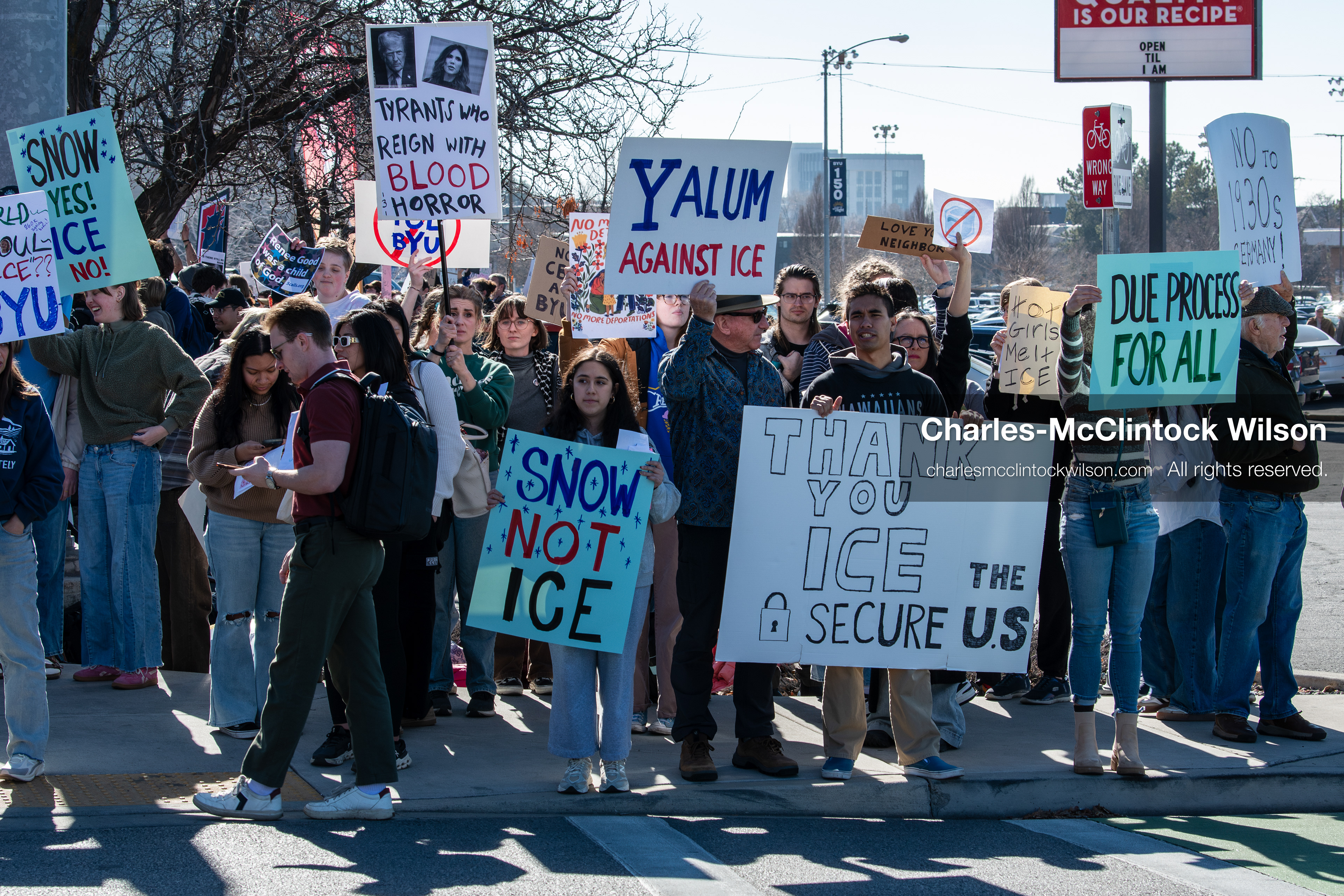 February 5, 2026, Provo, Utah, USA: Students and community members gather near Brigham Young University in Provo to demonstrate against the presence of US Customs and Border Protection recruiters at a career fair held on the BYU campus. (Credit Image: © Charles McClintock Wilson/ZUMA Press Wire)