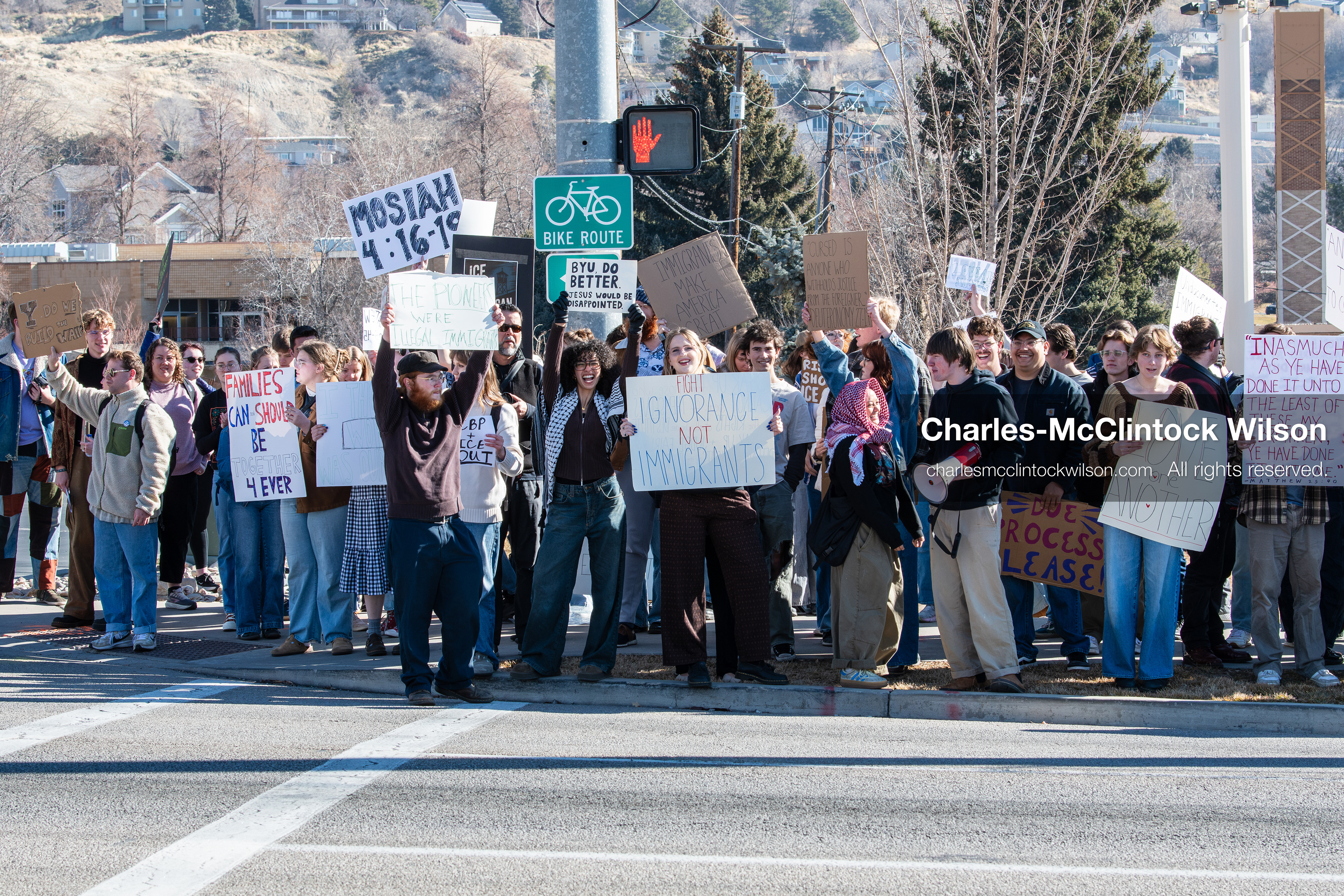February 5, 2026, Provo, Utah, USA: Students and community members gather near Brigham Young University in Provo to demonstrate against the presence of US Customs and Border Protection recruiters at a career fair held on the BYU campus. (Credit Image: © Charles McClintock Wilson/ZUMA Press Wire)