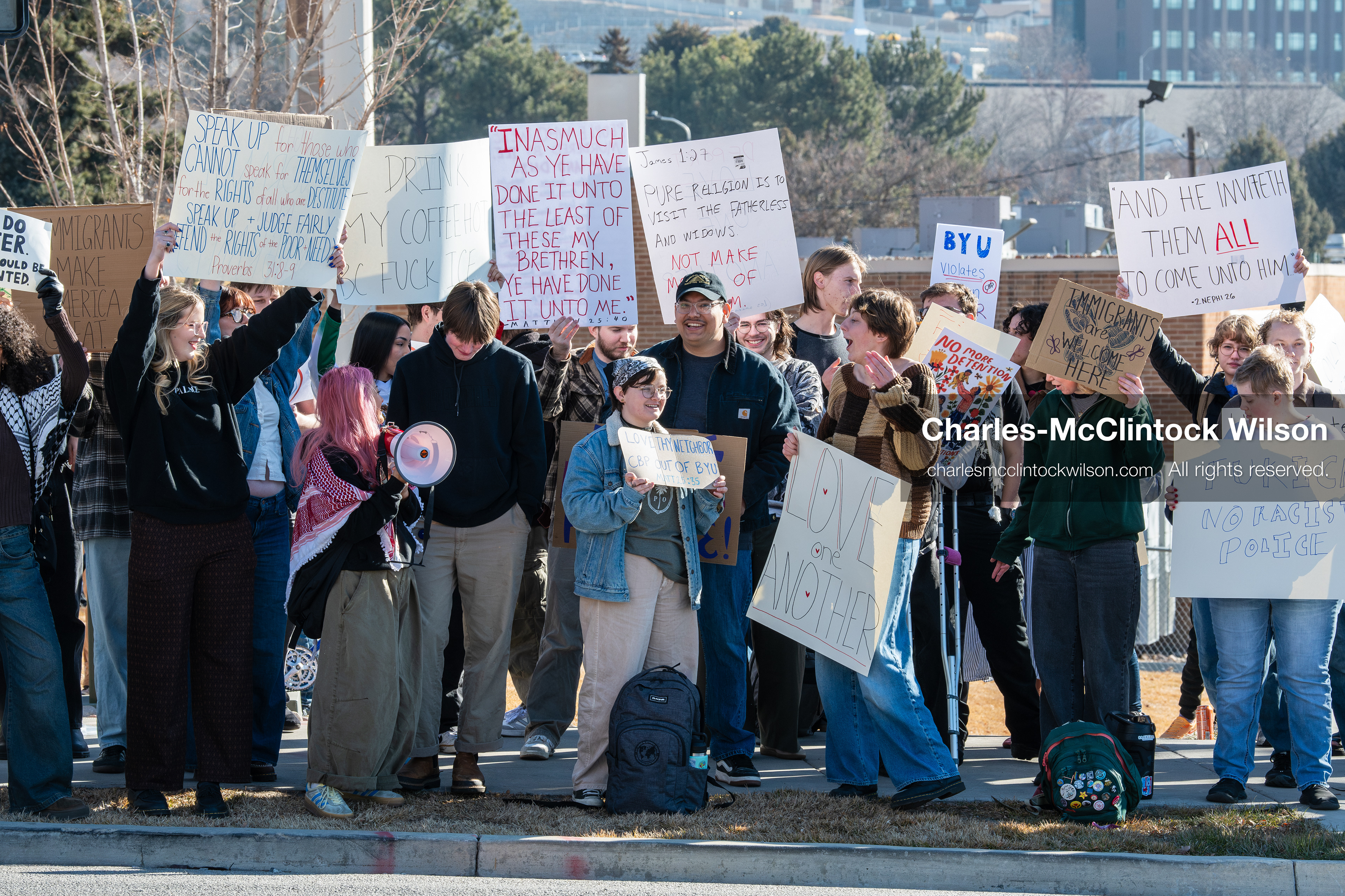 February 5, 2026, Provo, Utah, USA: Students and community members gather near Brigham Young University in Provo to demonstrate against the presence of US Customs and Border Protection recruiters at a career fair held on the BYU campus. (Credit Image: © Charles McClintock Wilson/ZUMA Press Wire)