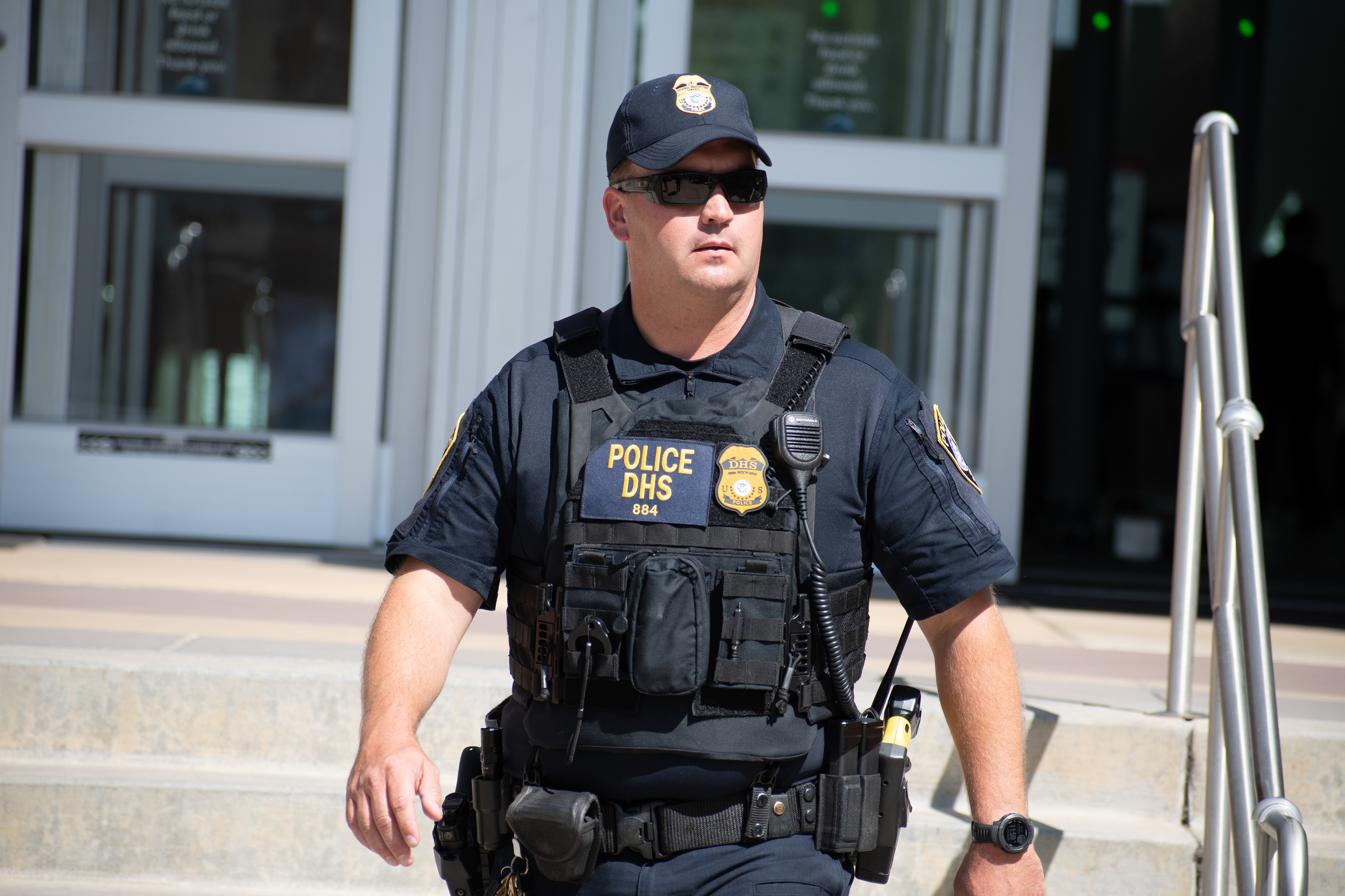 September 15, 2025 – Provo, Utah, United States: A Homeland Security police officer stands outside the Utah Valley Convention Center during a Department of Homeland Security career expo focused on recruiting law enforcement and security personnel. Photograph by Charles‑McClintock Wilson / ZUMA Press Wire