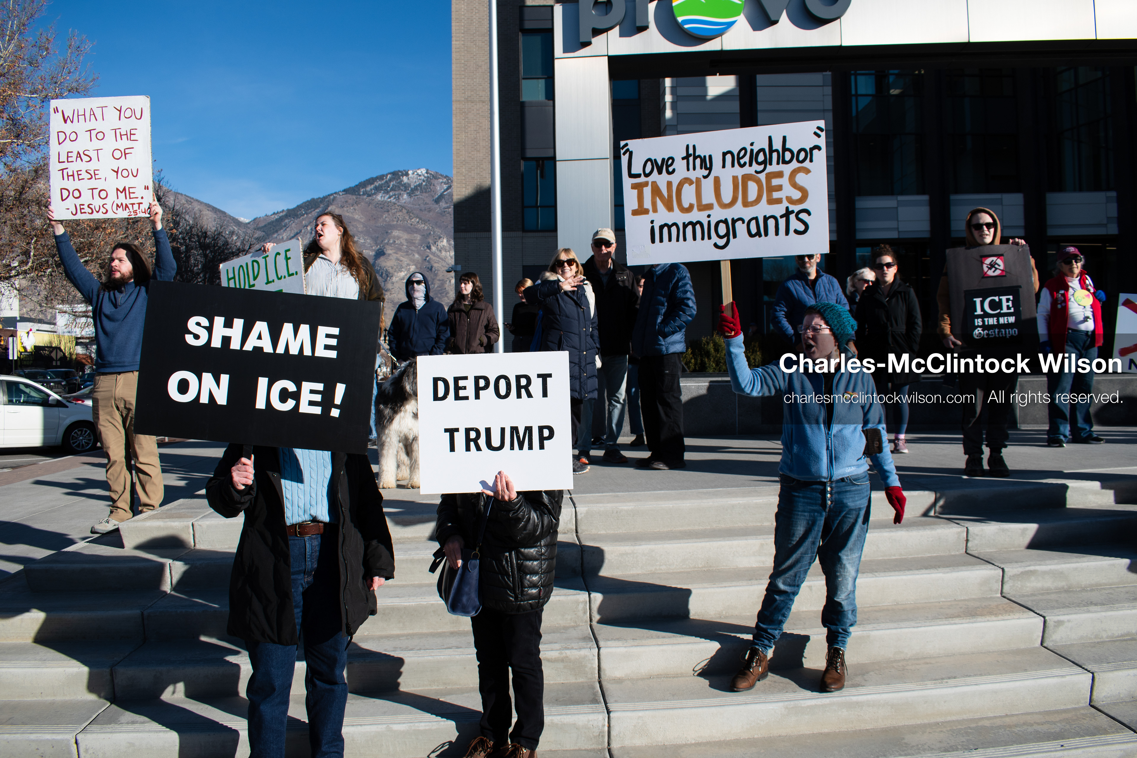 January 20, 2026, Provo, Utah, USA: Protesters gather outside Provo City Hall during the Free America Walkout protest in Provo, Utah, on January 20, 2026. Demonstrators held signs calling for justice, immigration reform, and an end to detention practices. (Credit Image: © Charles-McClintock Wilson/ZUMA Press Wire)