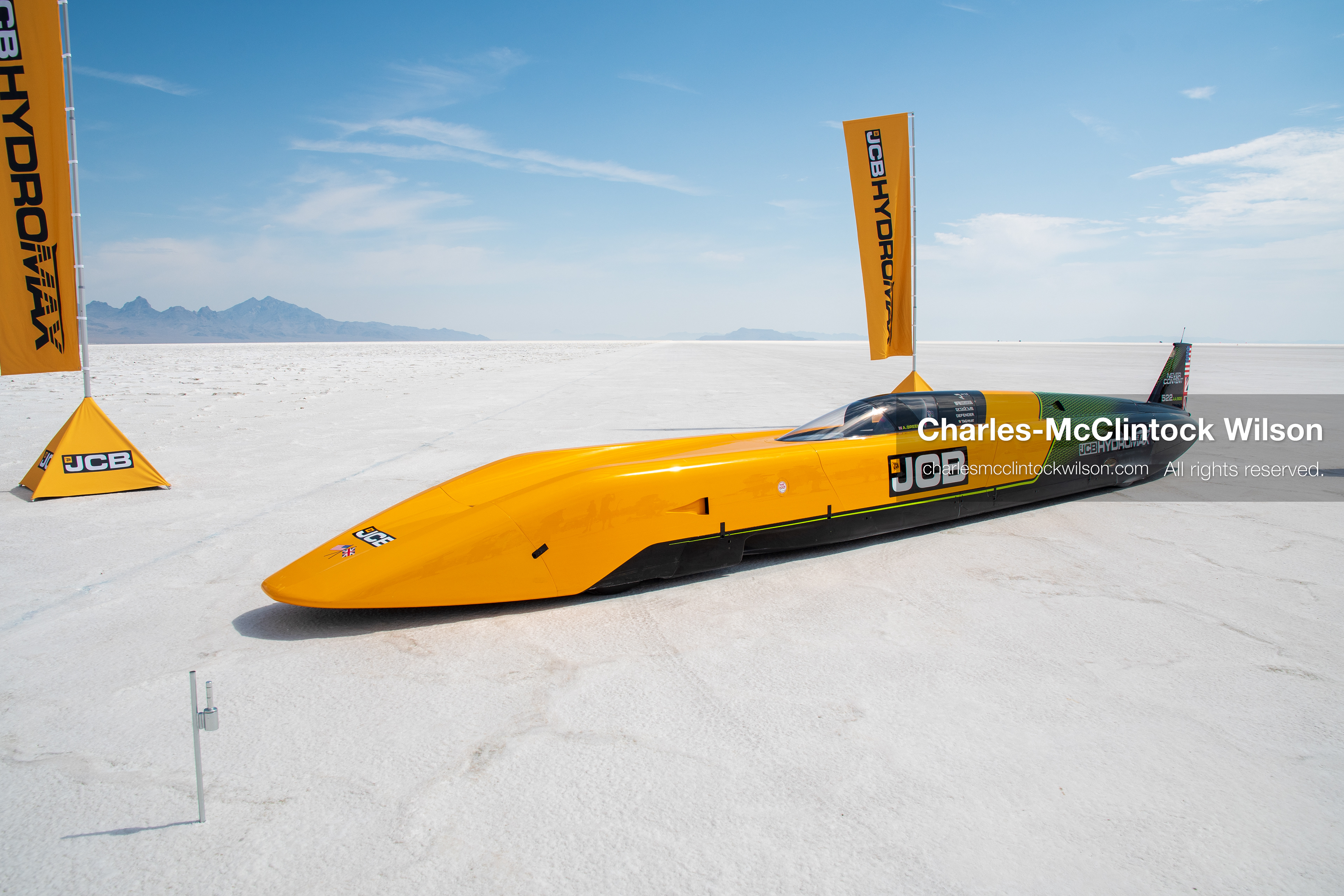 August 11, 2026, Wendover, Utah, USA: The ''JCB Hydromax'' hydrogen-powered streamliner sits parked on the Bonneville Salt Flats on Tuesday. Driven by British pilot Andy Green, the vehicle achieved a record speed of 406.320 mph. (Credit Image: © Charles McClintock Wilson/ZUMA Press Wire)