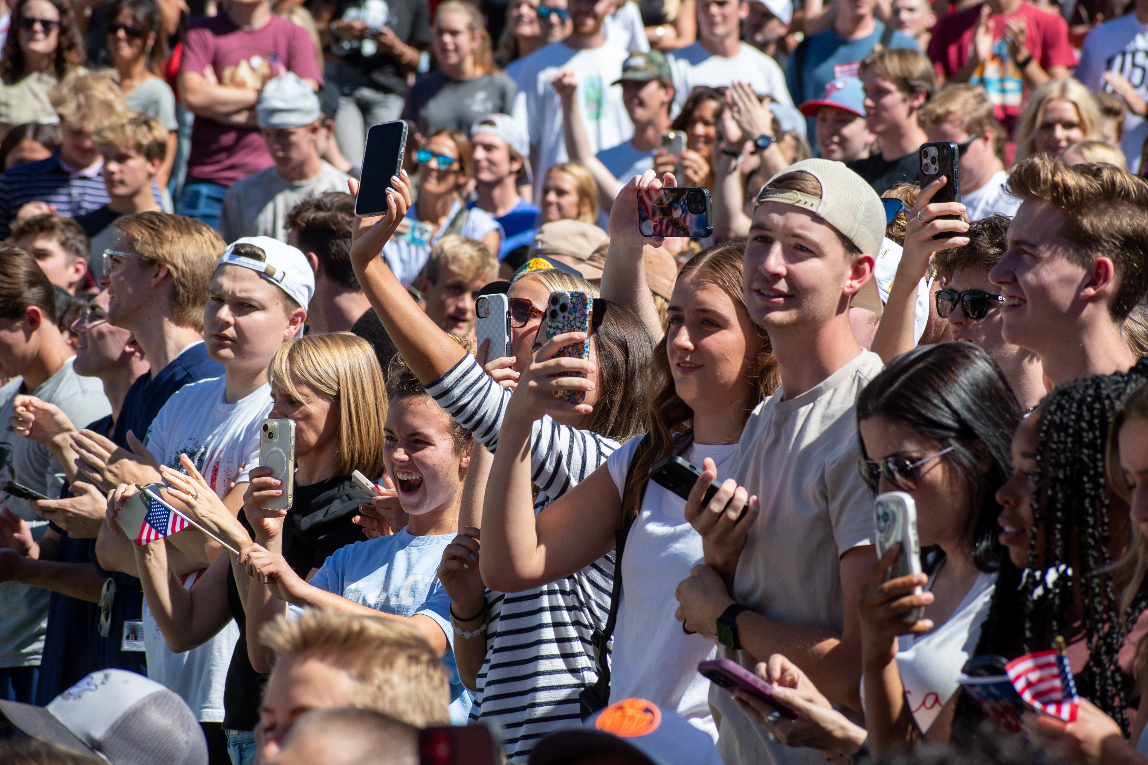 OREM, UTAH – SEPTEMBER 10, 2025: Attendees gather in close formation at Utah Valley University for the opening stop of the American Comeback Tour. The image captures a moment of shared anticipation and civic presence, reflecting the energy, emotion, and communal engagement that defined the event’s intended spirit. © Charles-McClintock Wilson / ZUMA Press