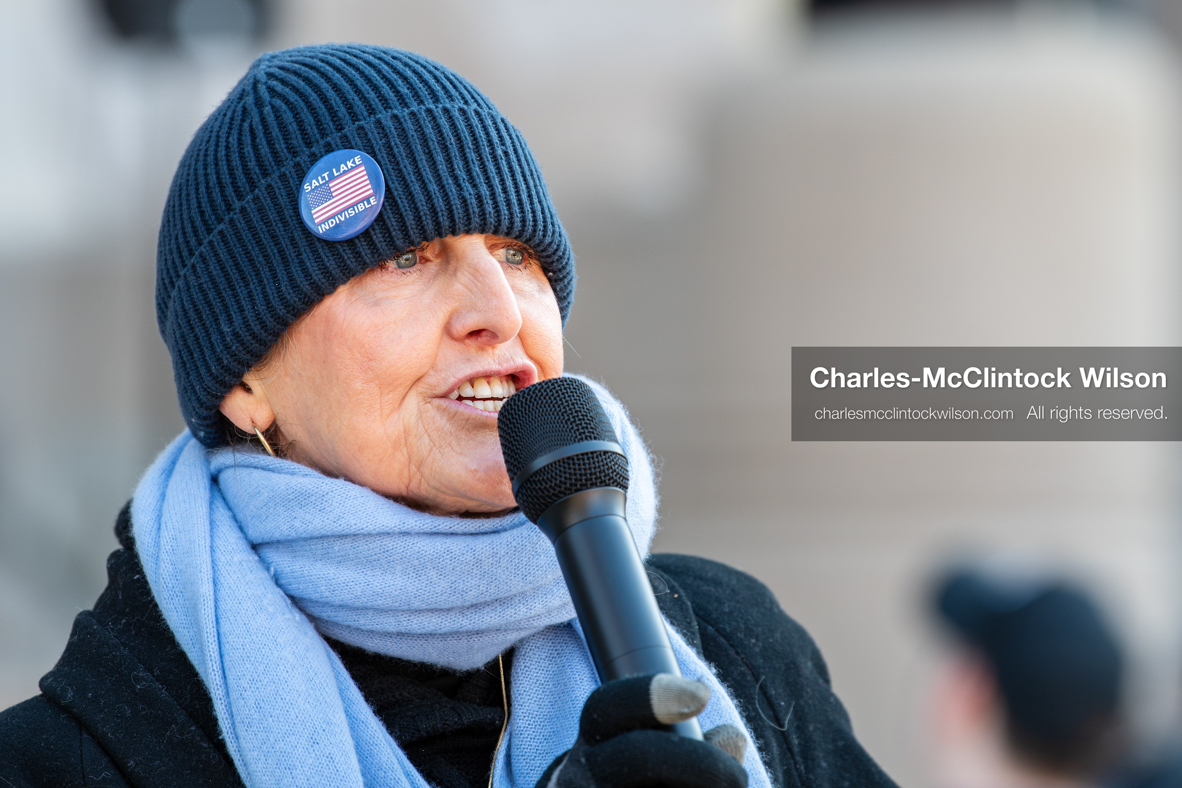 Salt Lake City, Utah, January 10, 2026: Sarah Buck, leader and key organizer for Salt Lake Indivisible, speaks during the ICE Out for Good protest at Washington Square Park, a demonstration calling for justice for Renee Nicole Good. Salt Lake Indivisible is a local grassroots organization that opposes policies of the Trump administration and advocates for democratic protections. (Credit Image: © Charles‑McClintock Wilson/ZUMA Press Wire)
