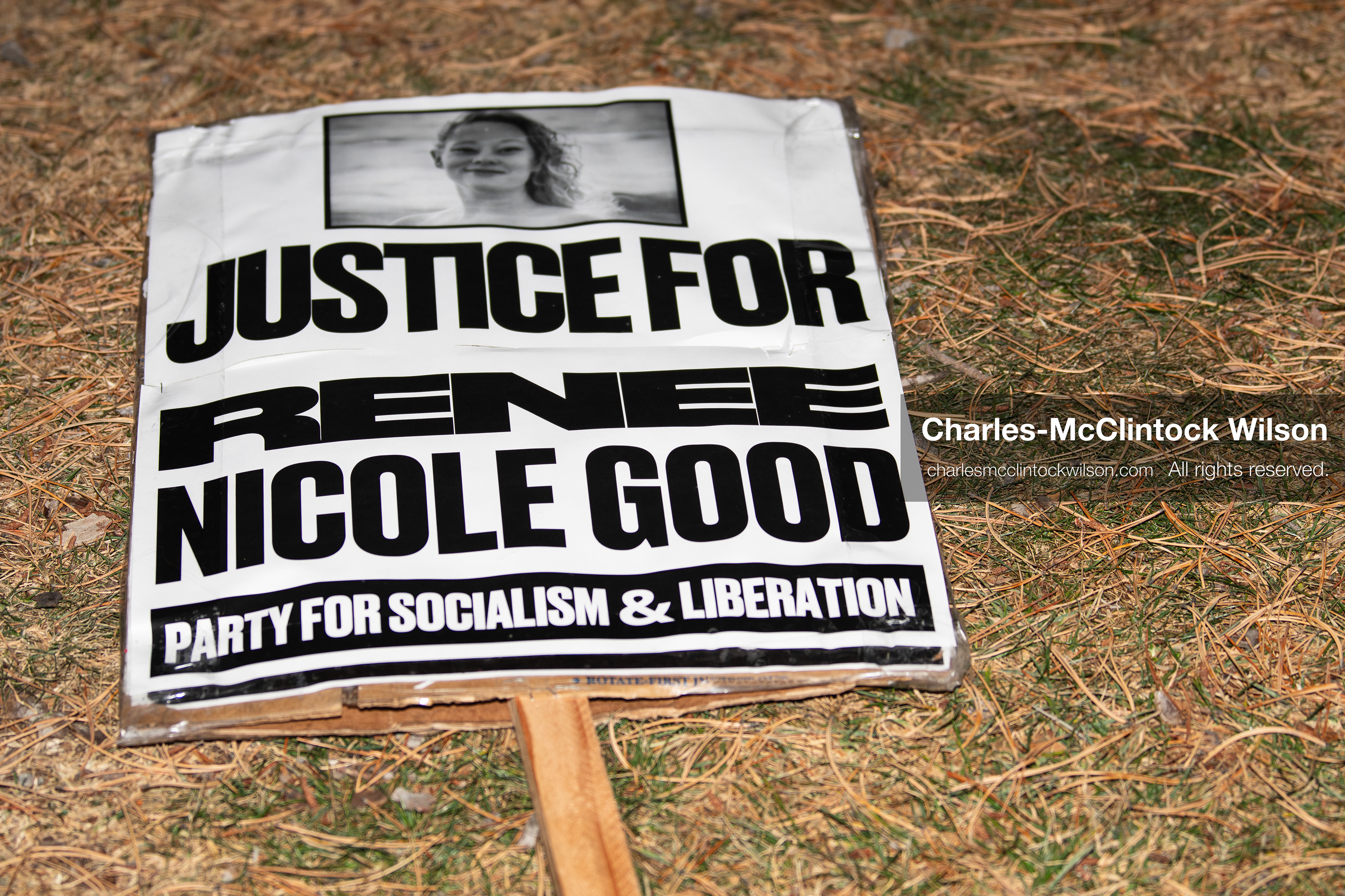 January 8, 2026, Salt Lake City, Utah, USA: A protest sign calling for justice for Renee Nicole Good lies on the ground at Pioneer Park in Salt Lake City Utah during an anti ICE demonstration on Jan 8 2026. The rally followed the death of Renee Nicole Good during an encounter with immigration authorities in Minneapolis and drew hundreds calling for accountability and changes to enforcement practices. (Credit Image: © Charles-McClintock Wilson/ZUMA Press Wire)