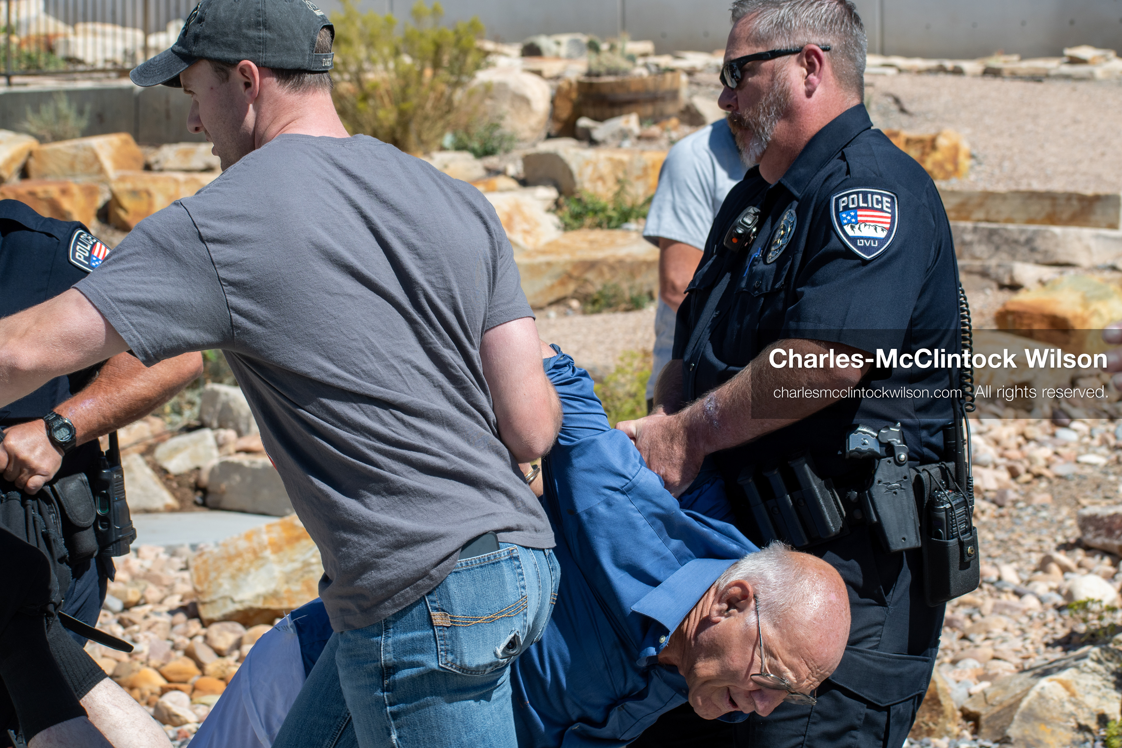 September 10, 2025, Orem, Utah, USA: George Zinn is taken into custody by campus security following the fatal shooting of Charlie Kirk during a public event at Utah Valley University. At the time of the arrest, Zinn was identified as the alleged shooter. He was later released and subsequently arrested on unrelated charges. Law enforcement confirmed that the actual suspect remained at large during this initial response. (Credit Image: © Charles-McClintock Wilson/ZUMA Press Wire)
