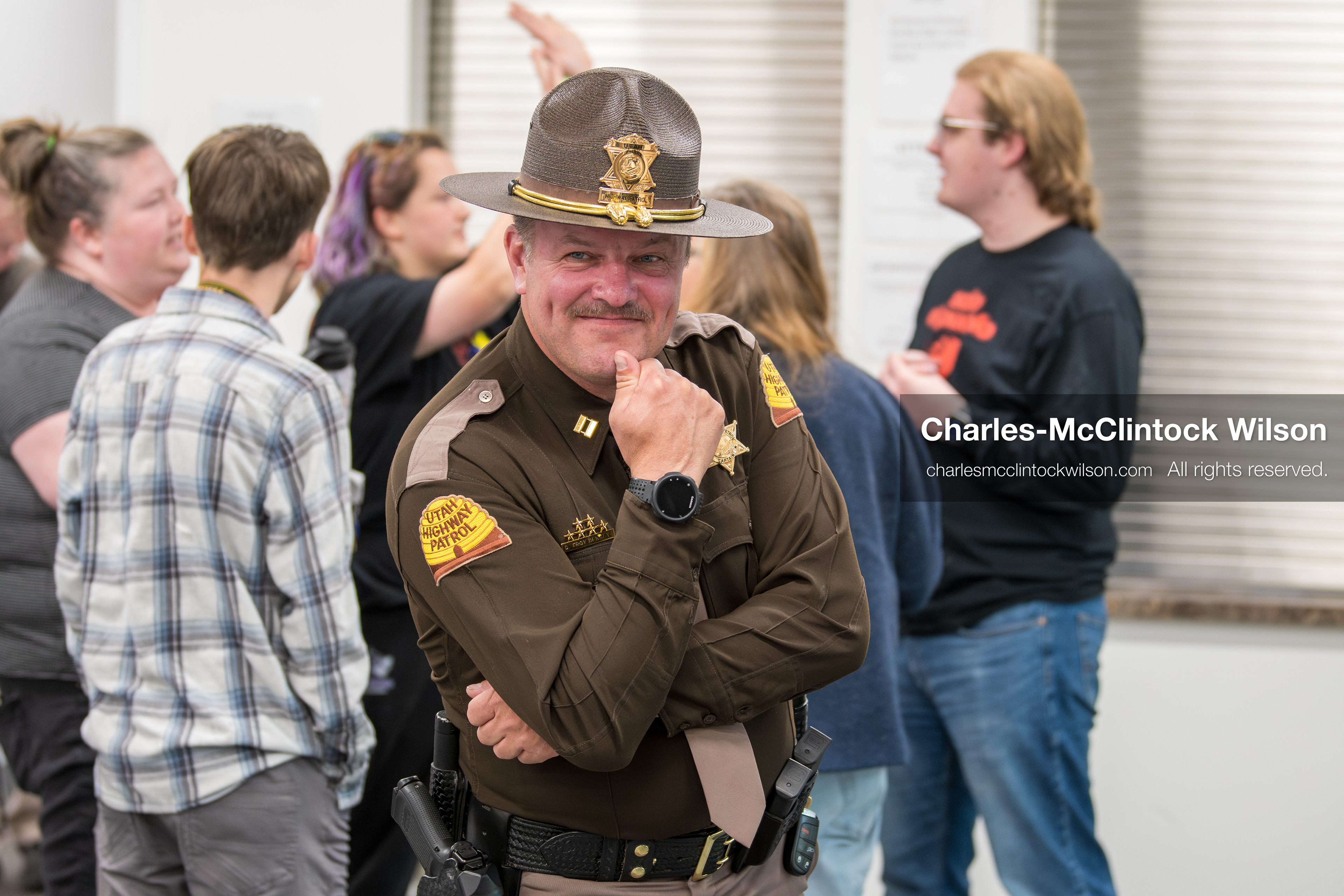 May 13, 2026, Brigham City, Utah, USA: A Utah Highway Patrol trooper poses for a photo inside the Box Elder County Justice Center in Brigham City, Utah, as residents gather for a public meeting over the proposed data‑center project backed by businessman Kevin O’Leary, which has drawn public concern over water use, power demand, and transparency. (Credit Image: © Charles‑McClintock Wilson/ZUMA Press Wire)