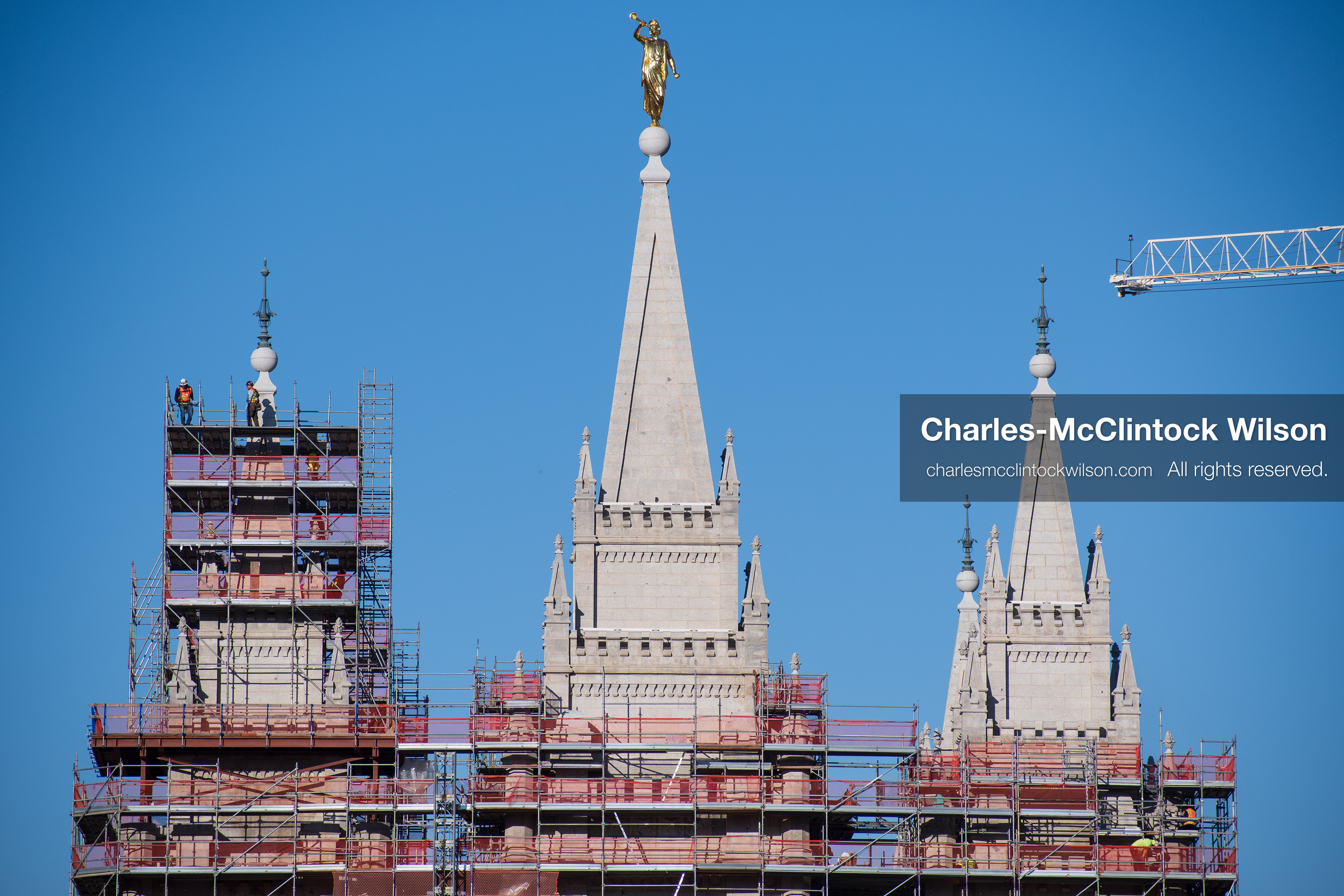 October 6, 2025, Salt Lake City, Utah, USA: The Salt Lake Temple is seen under renovation near the Conference Center during the public viewing for Russell M. Nelson, the 17th president of the Church of Jesus Christ of Latter-day Saints. Scaffolding surrounds the spires as restoration work continues. Nelson died at his home in Salt Lake City, Utah, on September 27, 2025, at the age of 101. (Credit Image: © Charles-McClintock Wilson/ZUMA Press Wire)