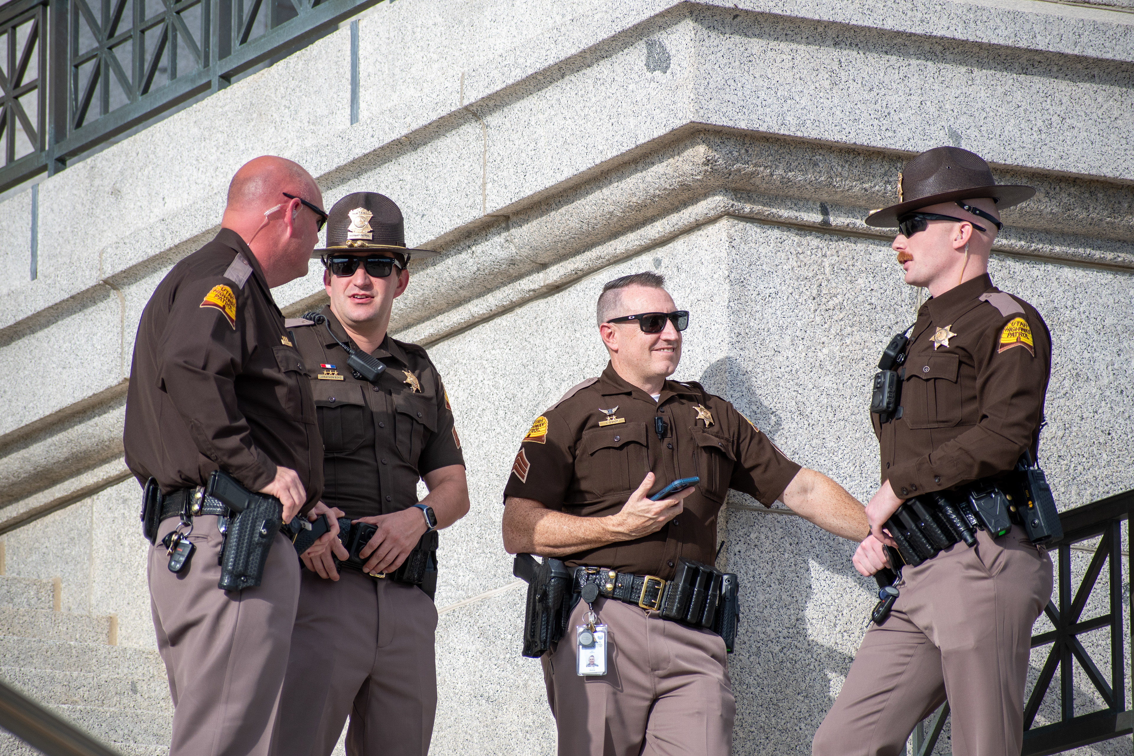 October 10, 2025, Salt Lake City, Utah, USA: Utah Highway Patrol officers stand on the steps of the Utah State Capitol during the Free Palestine Rally. (Credit Image: © Charles-McClintock Wilson/ZUMA Press Wire)