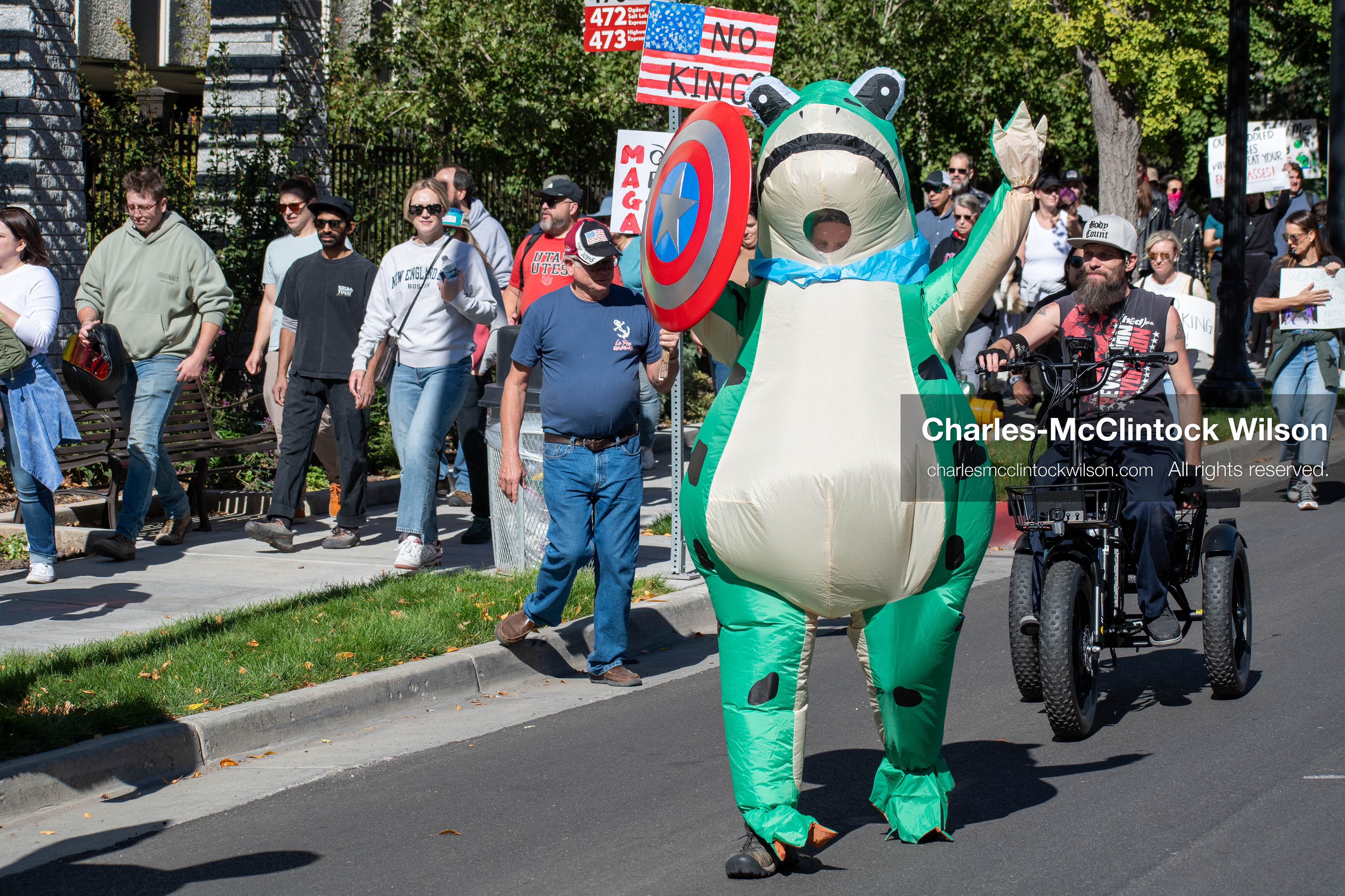 October 18, 2025, Salt Lake City, Utah, USA: Demonstrators march along South State Street during a "No Kings" protest in Salt Lake City, Utah. The protest was part of a nationwide mobilization.