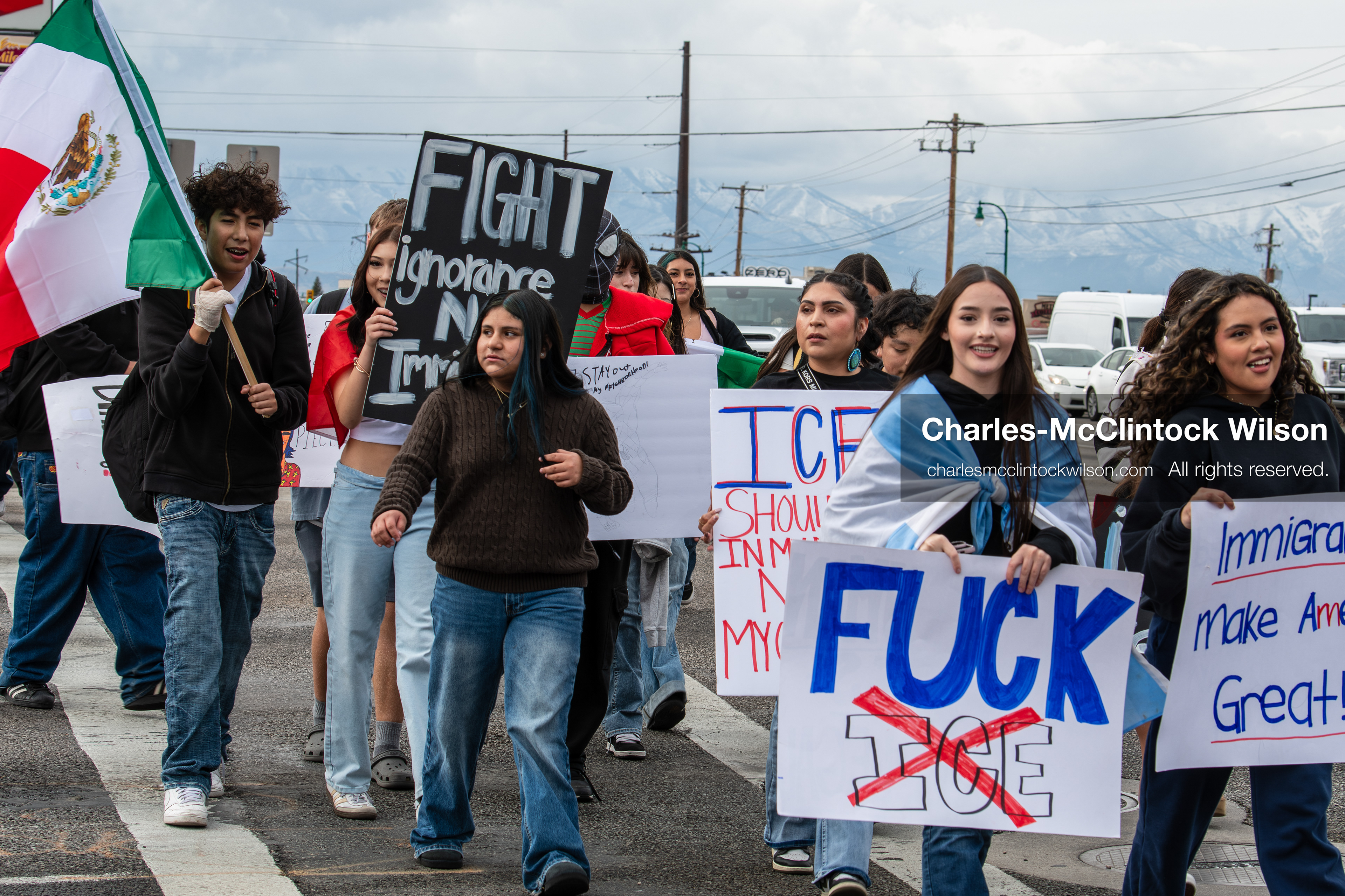 February 11, 2026, Orem, Utah, USA: Students march along State Street during a student‑led protest involving participants from multiple Orem schools. (Credit Image: © Charles‑McClintock Wilson/ZUMA Press Wire)