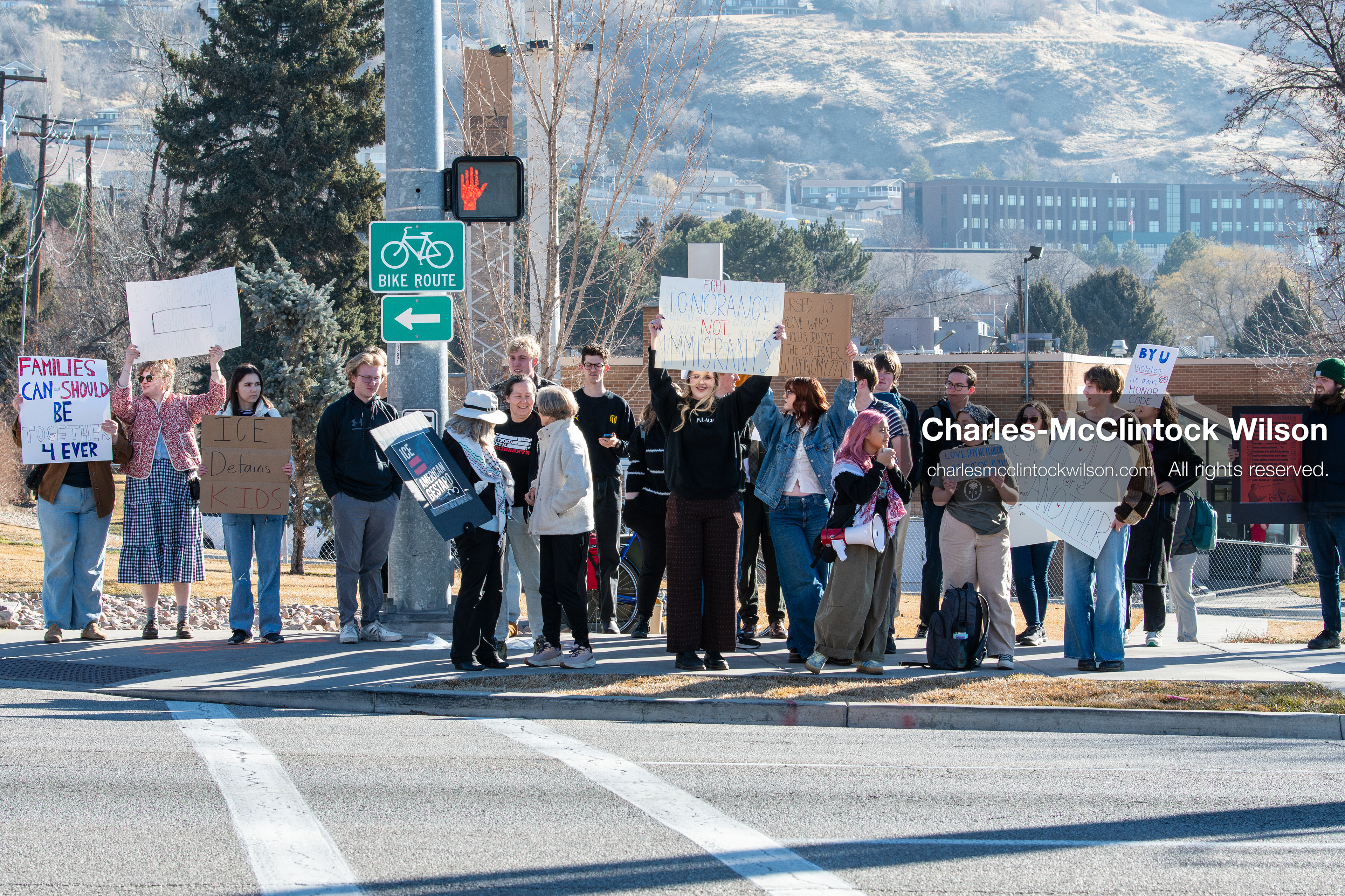 February 5, 2026, Provo, Utah, USA: Students and community members gather near Brigham Young University in Provo to demonstrate against the presence of US Customs and Border Protection recruiters at a career fair held on the BYU campus. (Credit Image: © Charles McClintock Wilson/ZUMA Press Wire)