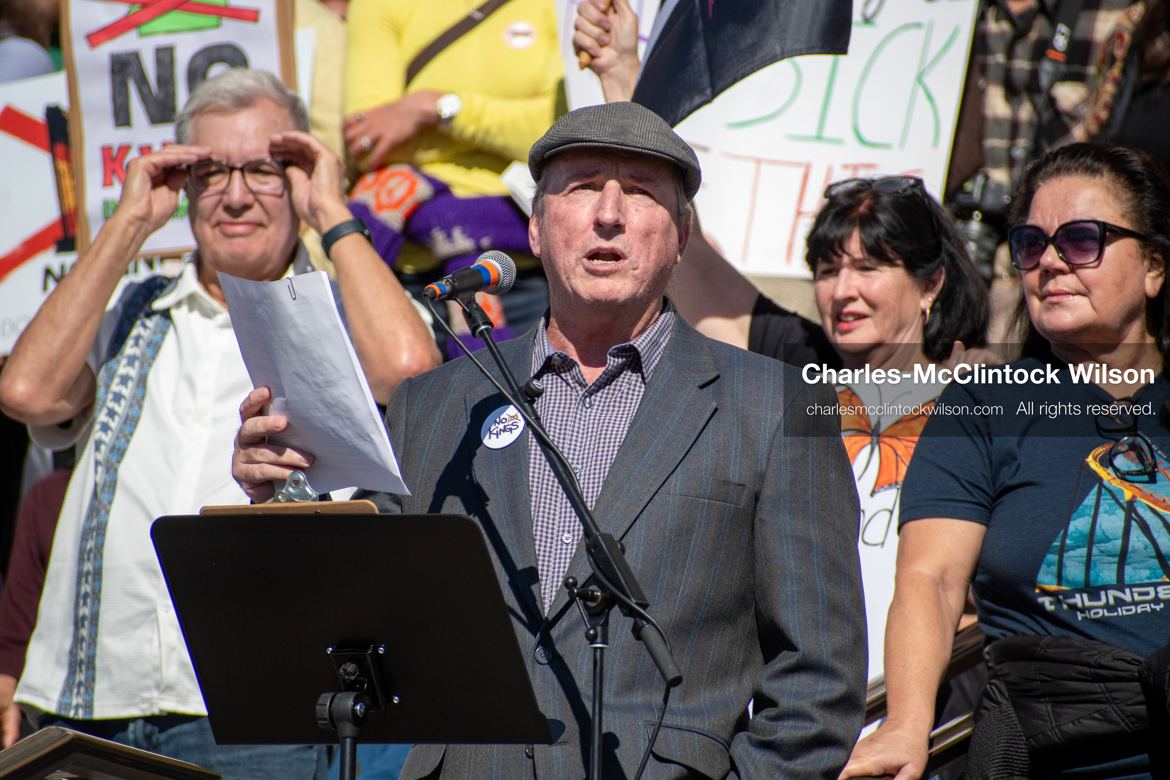 October 18, 2025, Salt Lake City, Utah, USA: A speaker addresses the crowd during a "No Kings" protest at the Utah State Capitol. The protest was part of a nationwide mobilization.