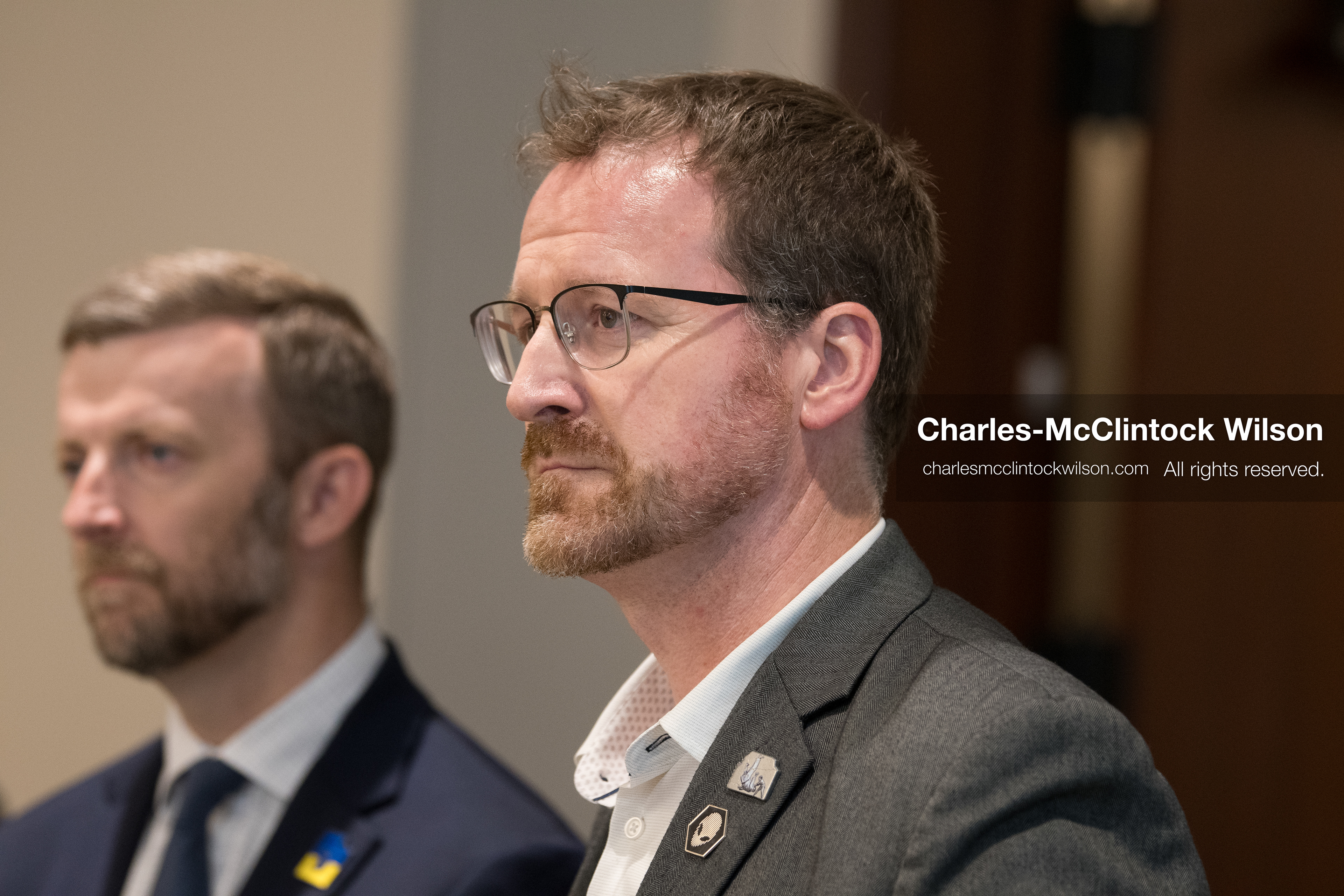 July 23, 2026, Salt Lake City, Utah, USA: NATHANIEL SANDERS, Executive Director of Utah for Ukraine, looks on during a community meeting featuring Ukrainian activist Serhiy Prytula at the Utah State Capitol building in Salt Lake City, Utah, on Thursday, July 23, 2026. The event, titled ''Ukraine in the Fifth Year of the Full-Scale War: An Honest Conversation,'' was hosted by the Prytula Foundation USA to discuss civil defense and ongoing humanitarian aid initiatives. (Credit Image: © Charles-McClintock Wilson/ZUMA Press Wire)