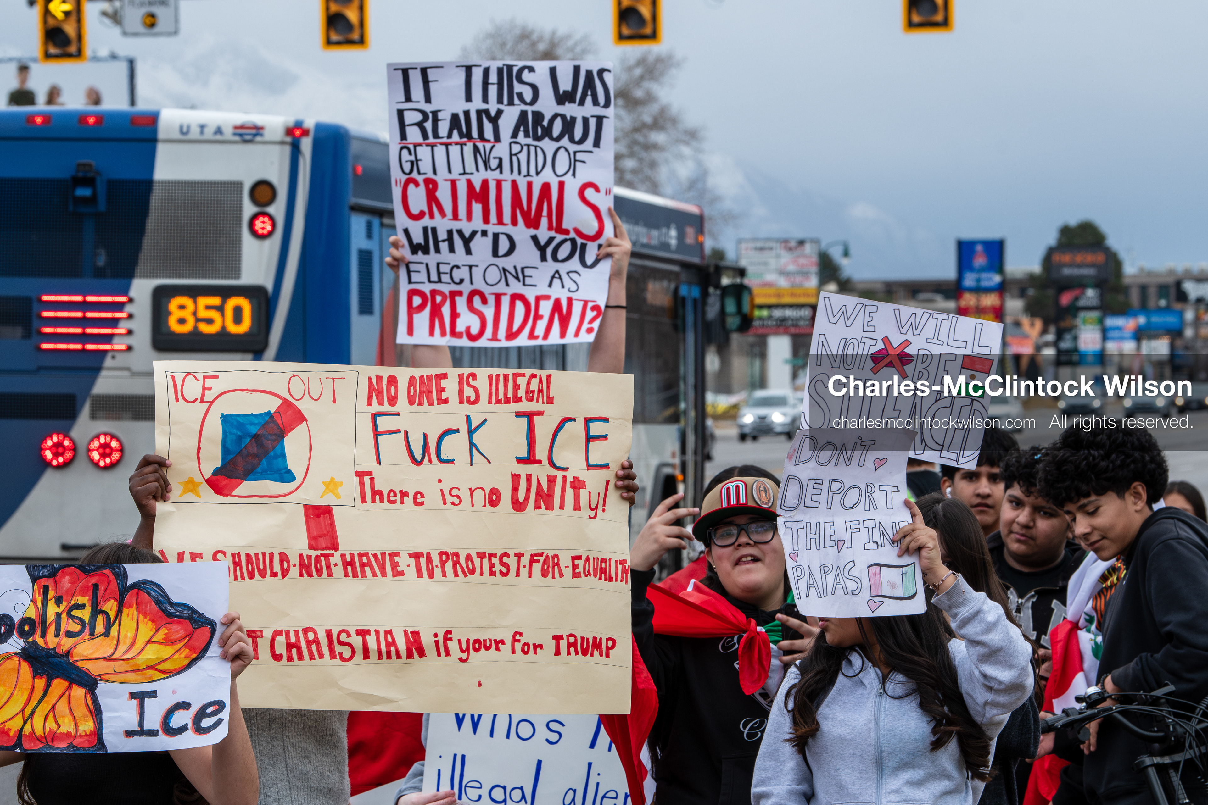 February 11, 2026, Orem, Utah, USA: Students stand on the sidewalk along State Street during a student‑led protest involving participants from multiple Orem schools. (Credit Image: © Charles‑McClintock Wilson/ZUMA Press Wire)