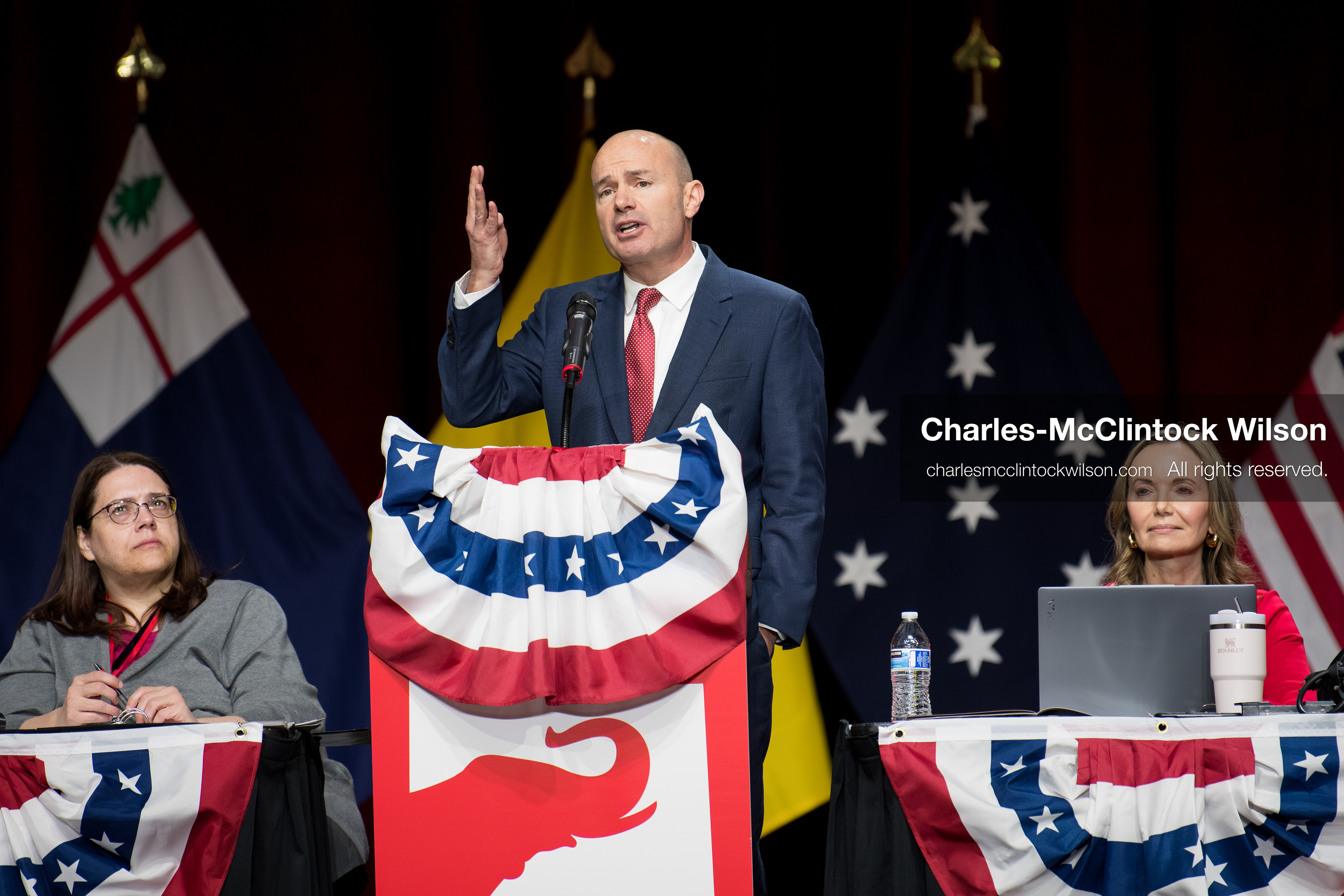April 25, 2026, Orem, Utah, USA: U.S. Sen. MIKE LEE (R‑UT) speaks during the 2026 Utah Republican State Nominating Convention at the UCCU Center on the campus of Utah Valley University in Orem. (Credit Image: © Charles-McClintock Wilson/ZUMA Press Wire)