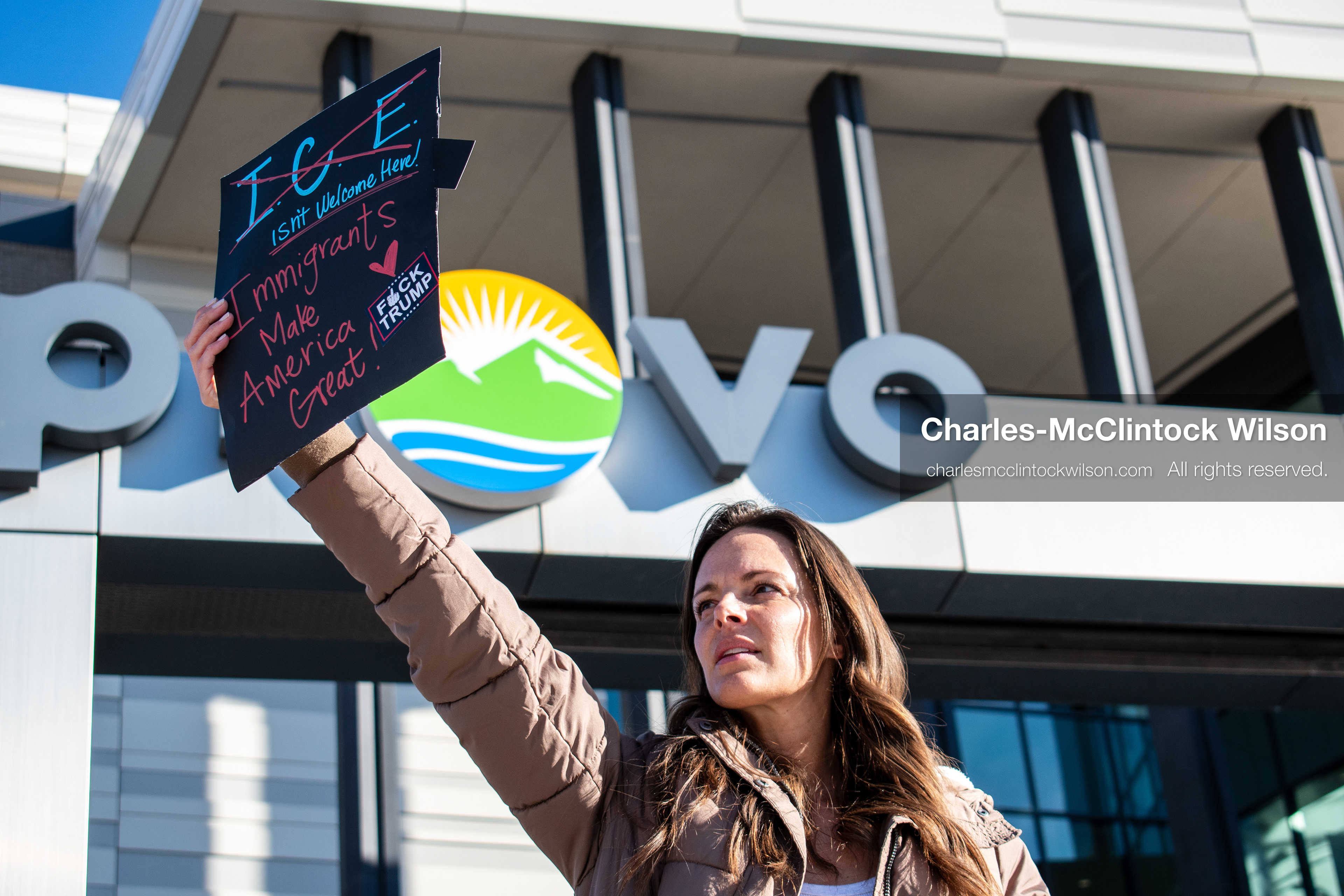 January 20, 2026, Provo, Utah, USA: A demonstrator stands outside Provo City Hall during the Free America Walkout protest in Provo Utah on January 20 2026. The nationwide event called for immigration reform and changes to detention practices. 