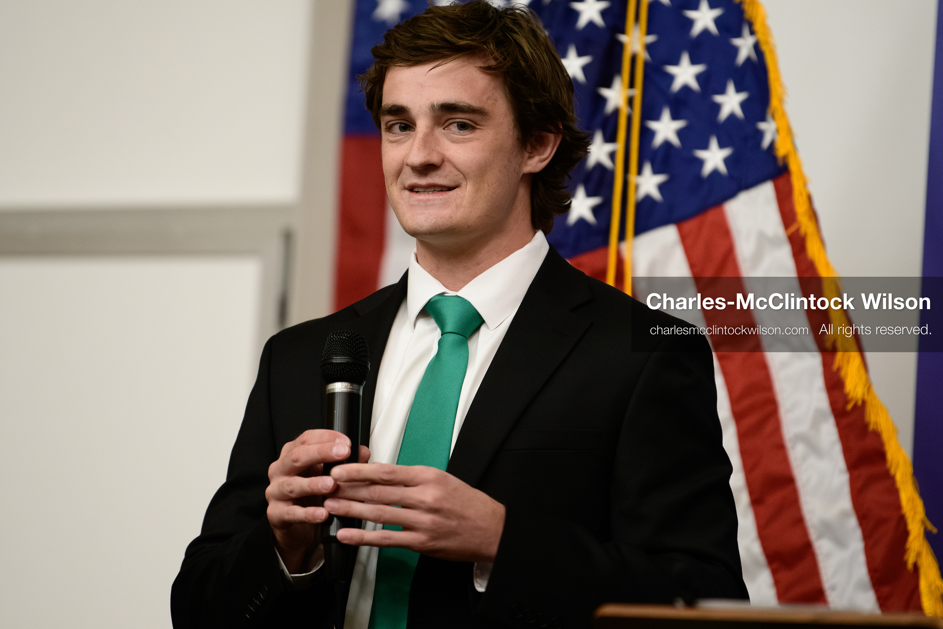 Salt Lake City, Utah, USA — US YouTuber Nick Shirley speaks during a “Learing Tour” event organized by the Utah Federation of College Republicans at the University of Utah, April 10, 2026. (Credit Image: © Charles-McClintock Wilson/ZUMA Press Wire)