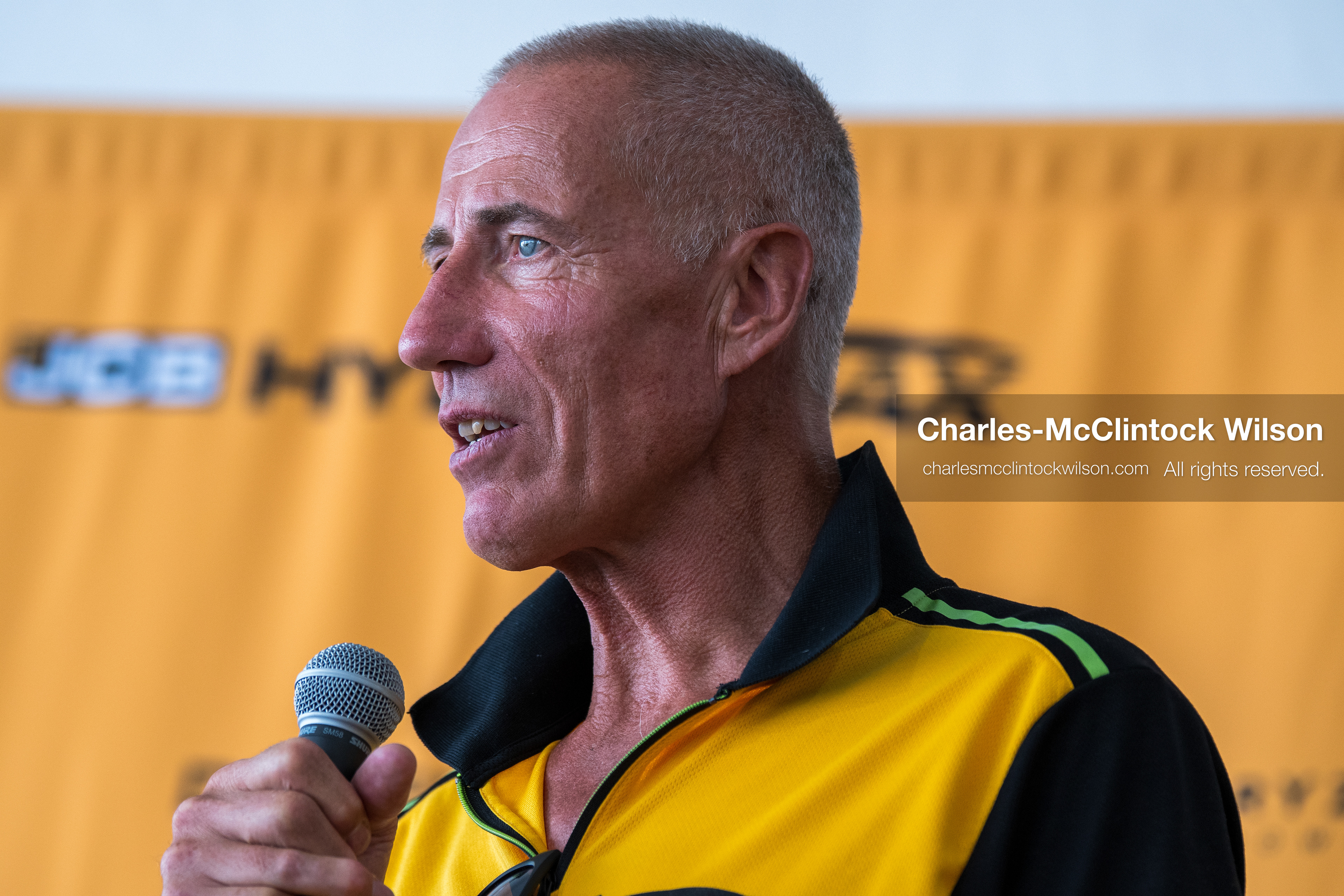 British driver Andy Green speaks during a press conference on the Bonneville Salt Flats near Wendover, Utah, on August 11, 2026, as part of the JCB Hydromax hydrogen-powered land-speed record project. (Photo by Charles-McClintock Wilson/NurPhoto)