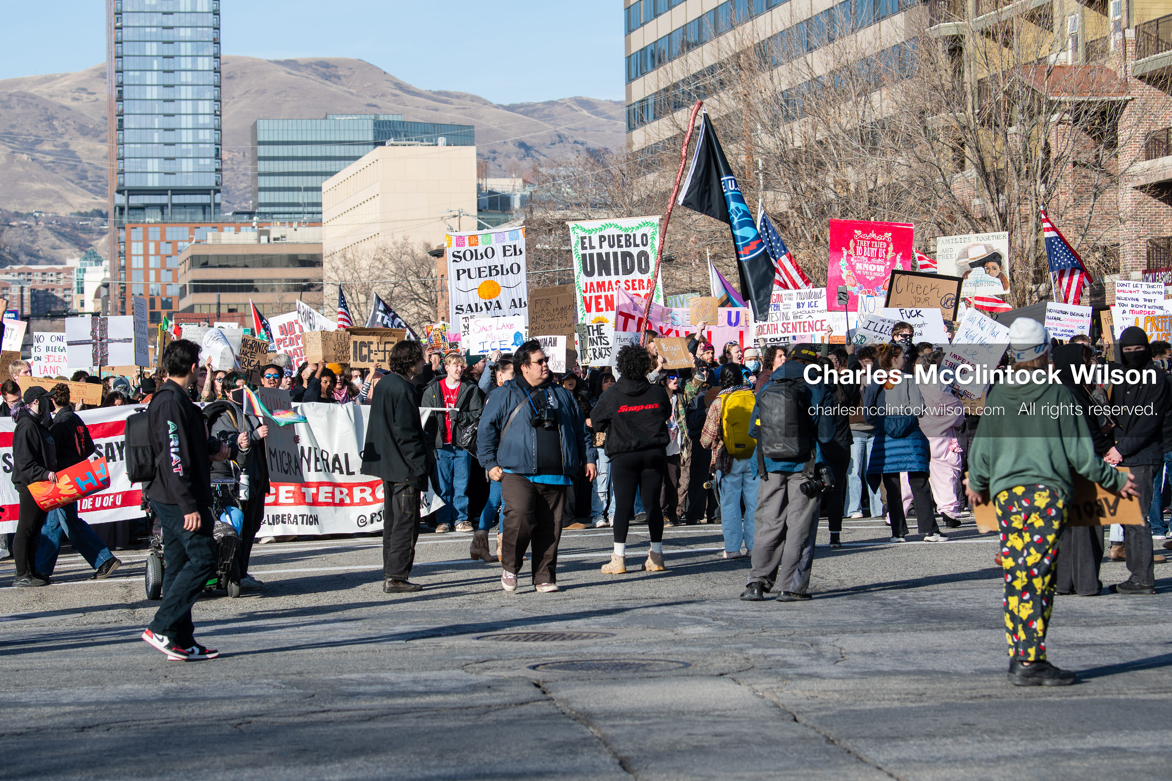 January 30, 2026, Salt Lake City, Utah, USA: Demonstrators march with banners and signs during an anti‑ICE protest in Salt Lake City, Utah, part of a nationwide response to immigration enforcement policies. (Credit Image: © Charles‑McClintock Wilson/ZUMA Press Wire)
