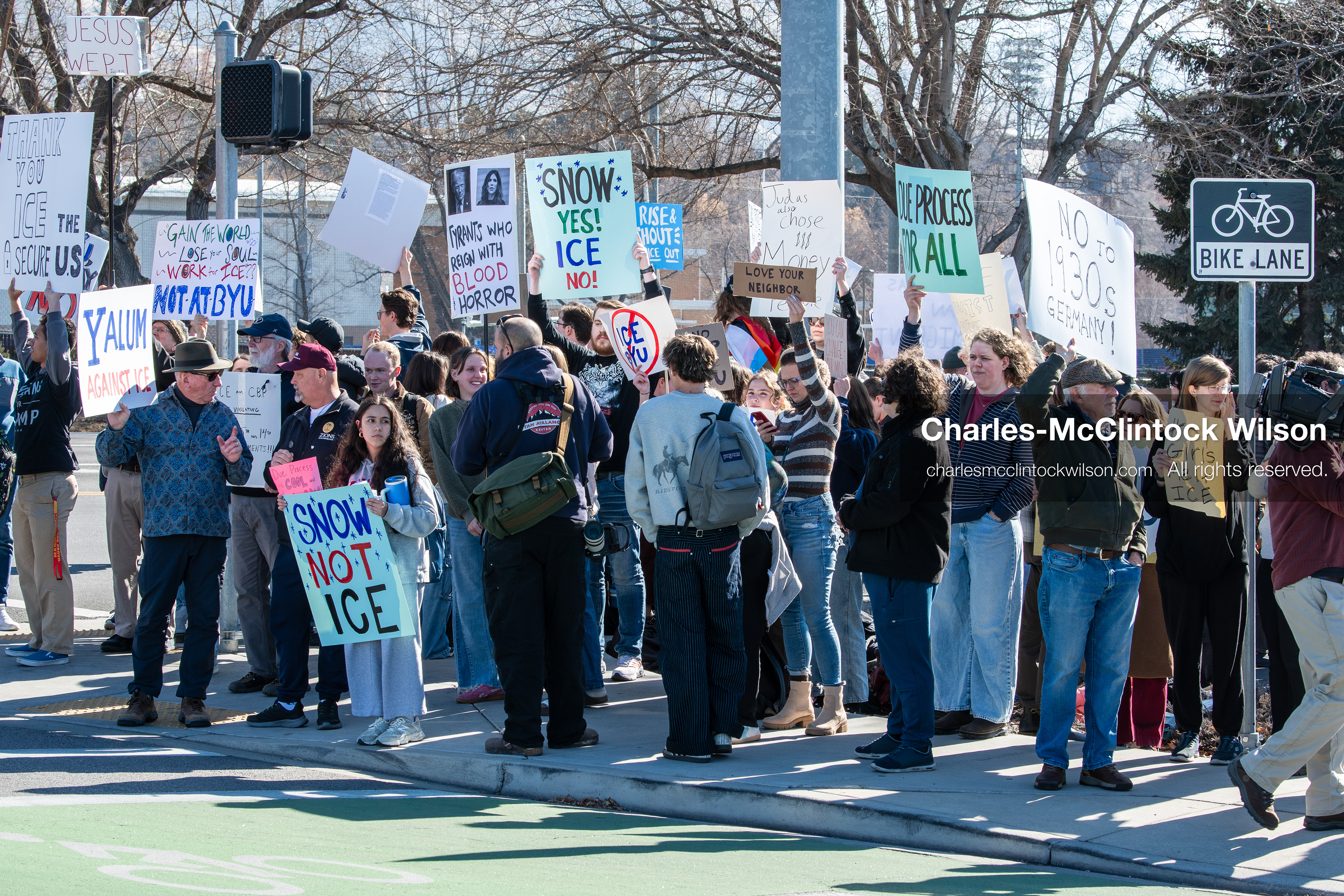 February 5, 2026, Provo, Utah, USA: Students and community members gather near Brigham Young University in Provo to demonstrate against the presence of US Customs and Border Protection recruiters at a career fair held on the BYU campus. (Credit Image: © Charles McClintock Wilson/ZUMA Press Wire)