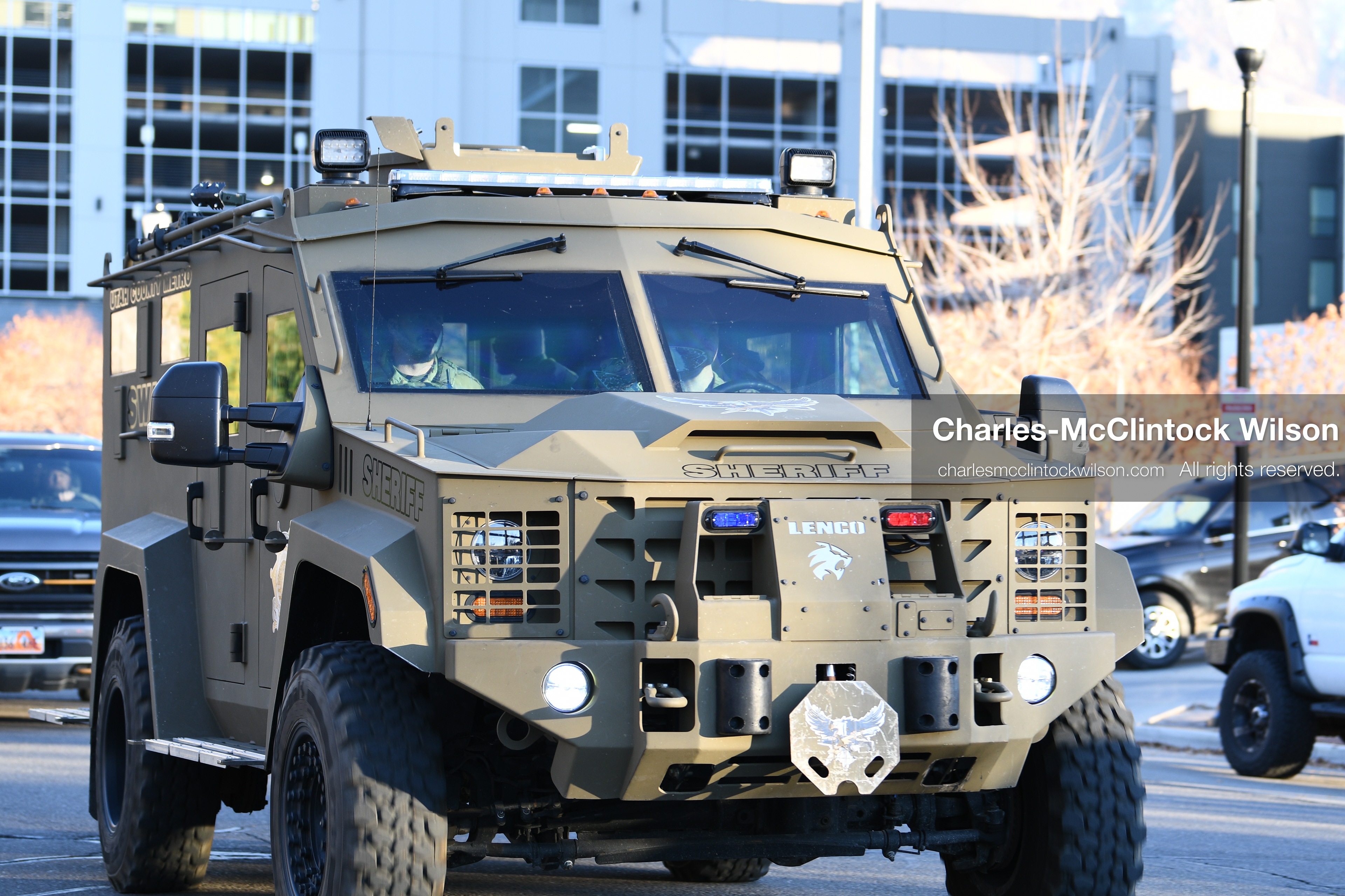 PROVO, UTAH, USA – DECEMBER 11, 2025: An armored vehicle operated by the Utah County Sheriff’s Office transports Tyler Robinson from the Fourth District Court in Provo following his first in‑person court appearance in the Charlie Kirk murder case. (Credit Image: © Charles‑McClintock Wilson/ZUMA Press Wire)