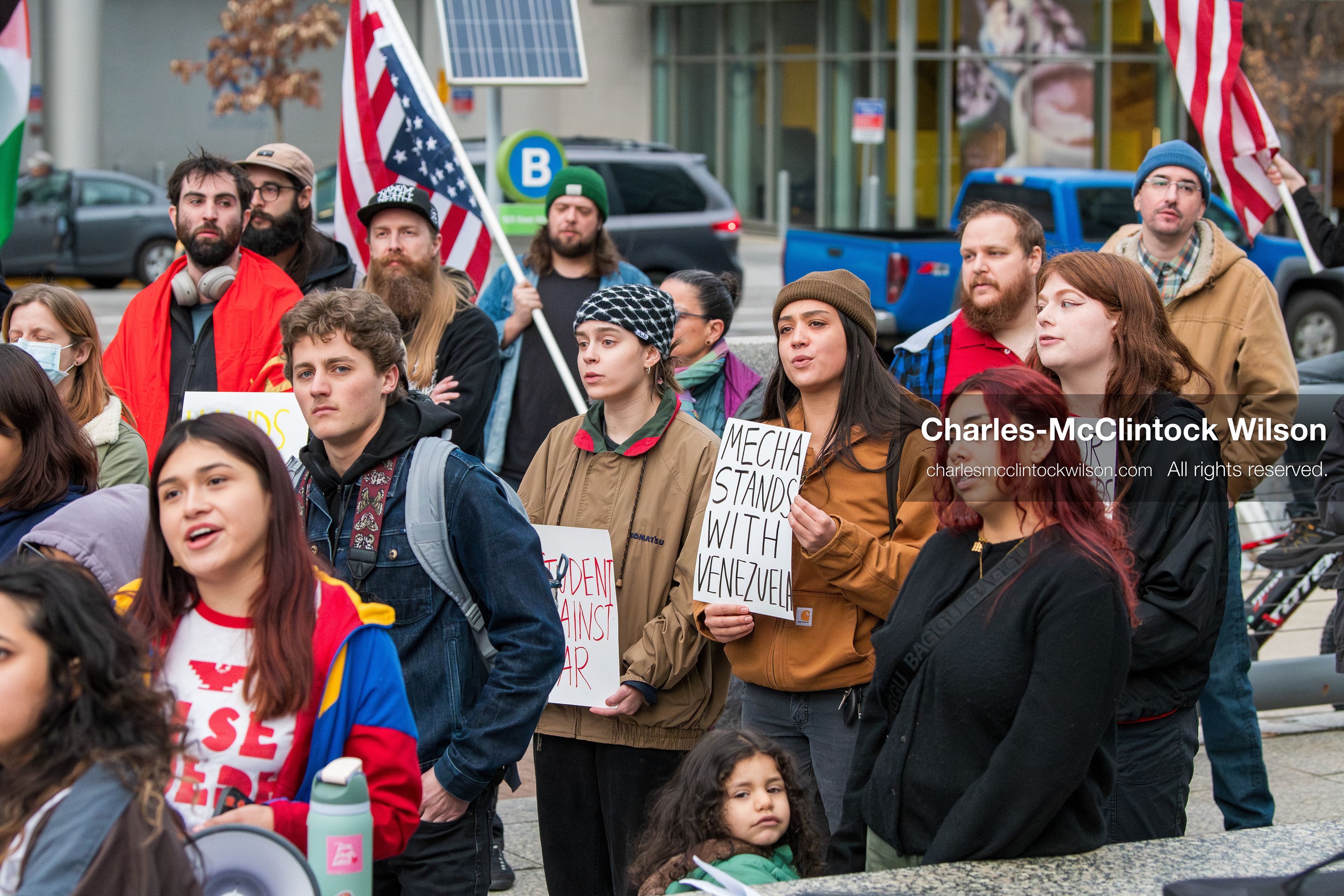 January 3, 2026, Salt Lake City, Utah, USA: Protesters hold signs during an emergency demonstration against US action in Venezuela outside the Wallace Federal Building in Salt Lake City, Utah. The event was part of a nationwide mobilization responding to recent military developments. (Credit Image: (c) Charles‑McClintock Wilson/ZUMA Press Wire)