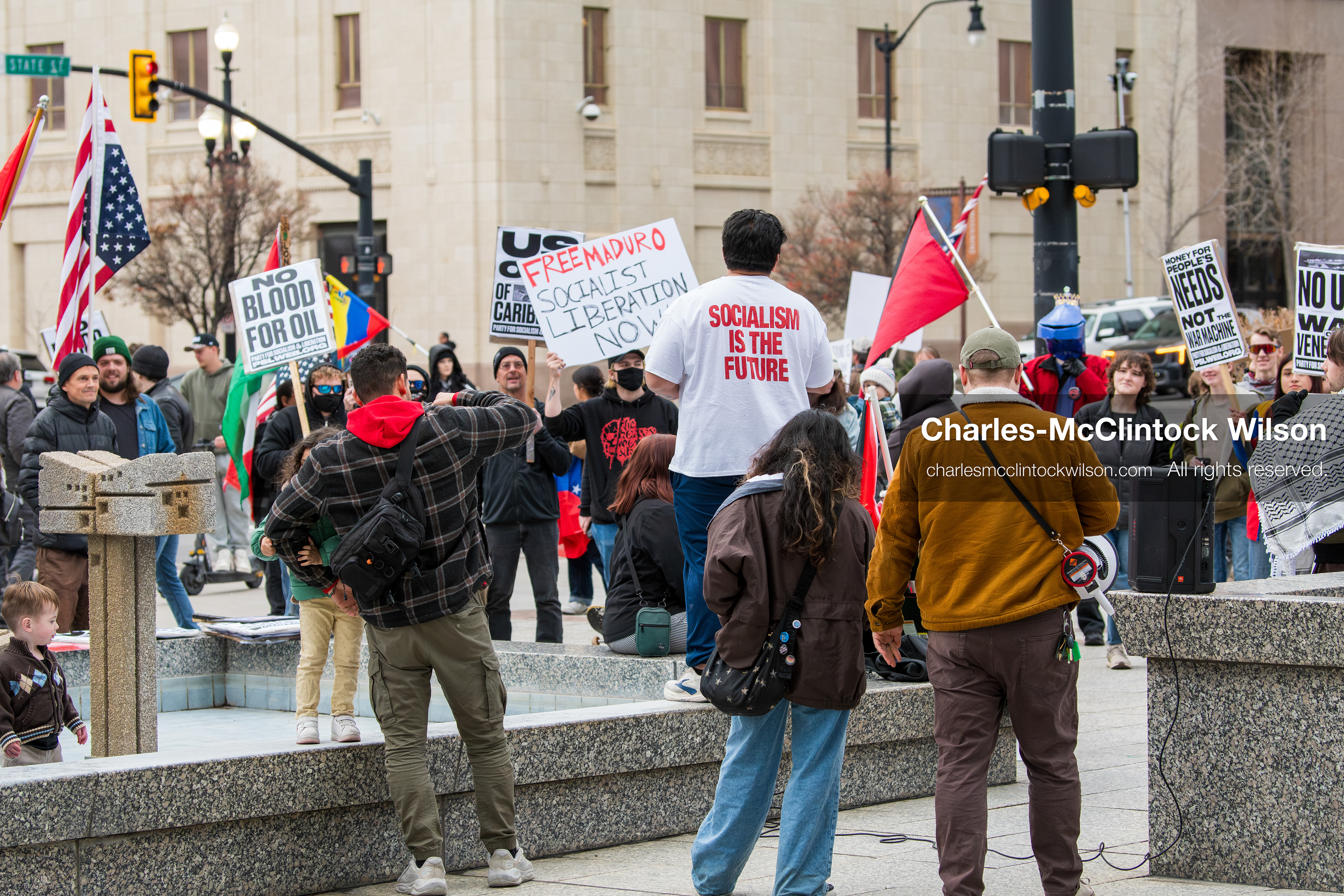 January 3, 2026, Salt Lake City, Utah, USA: Protesters hold signs during an emergency demonstration against US action in Venezuela outside the Wallace Federal Building in Salt Lake City, Utah. The event was part of a nationwide mobilization responding to recent military developments. (Credit Image: (c) Charles‑McClintock Wilson/ZUMA Press Wire)