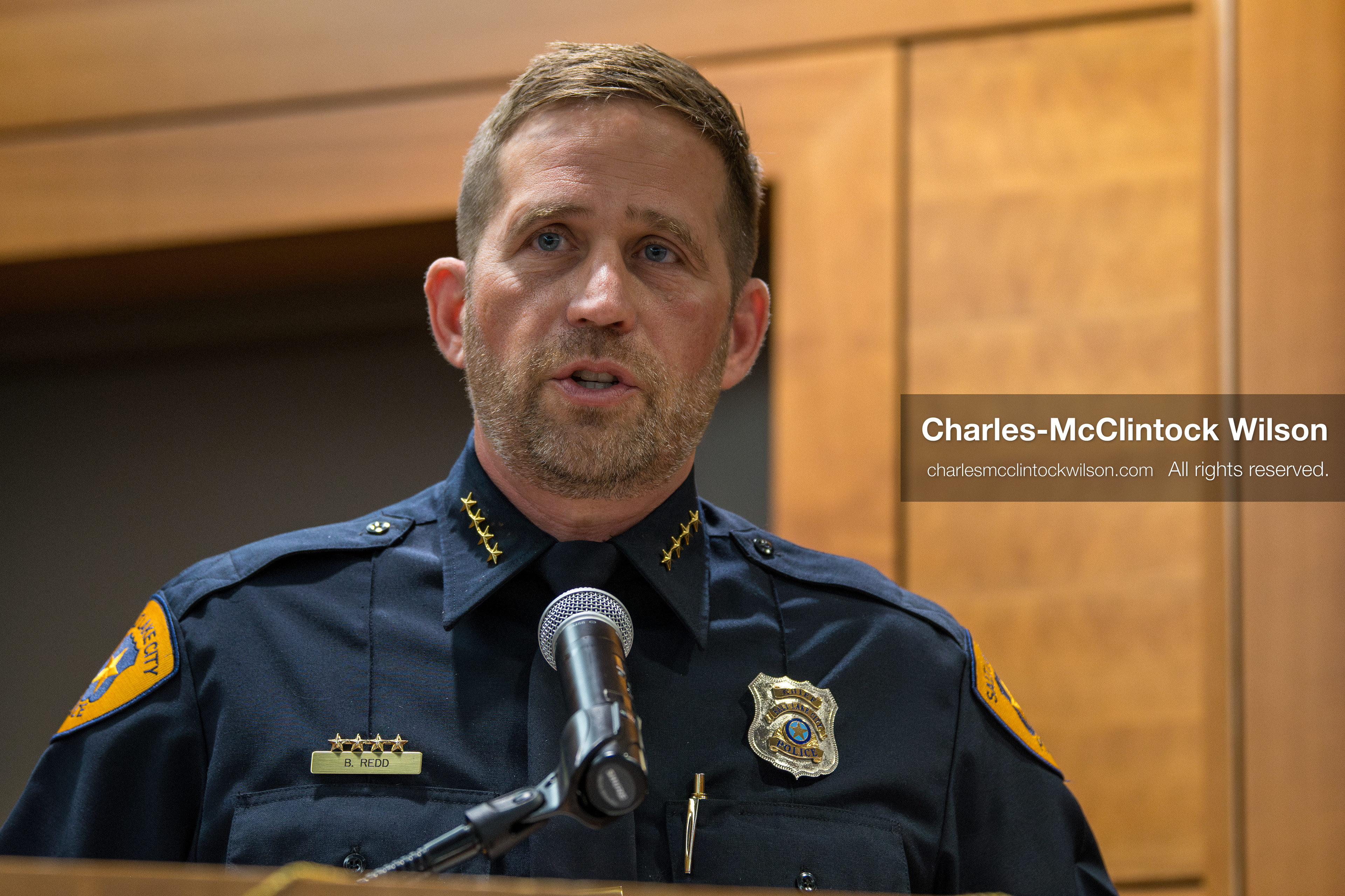 January 8, 2026, Salt Lake City, Utah, USA: Salt Lake City Police Chief BRIAN REDD speaks during a press conference at the Salt Lake City Public Safety Building in Salt Lake City, Utah, on Jan. 8, 2026. Officials provided updates on the investigation into the shooting outside an LDS meetinghouse on Redwood Road the previous night, where 38 year old Sione Vatuvei and 46 year old Vaea Tulikihihifo were killed and six others were wounded during a memorial service. Police said they have solid leads and are reviewing surveillance video and license plate reader data. (Credit Image: © Charles-McClintock Wilson/ZUMA Press Wire)