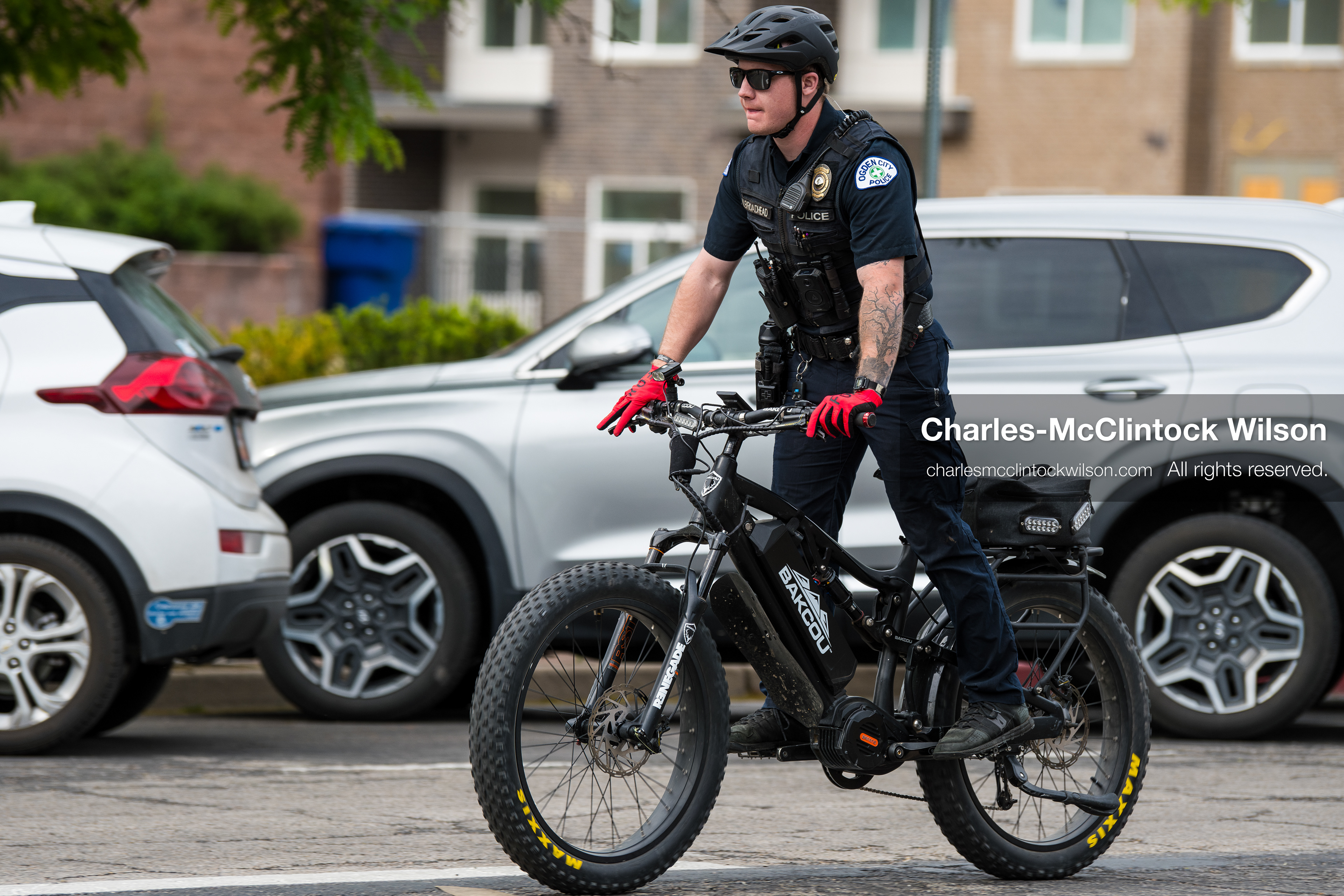 May 16, 2026, Ogden, Utah, USA: An Ogden Police Department officer patrols on an electric bicycle in Ogden, Utah, on Saturday, May 16, 2026, as part of the law enforcement presence for the 25th Annual America First Ogden Marathon. (Credit Image: © Charles-McClintock Wilson/ZUMA Press Wire)