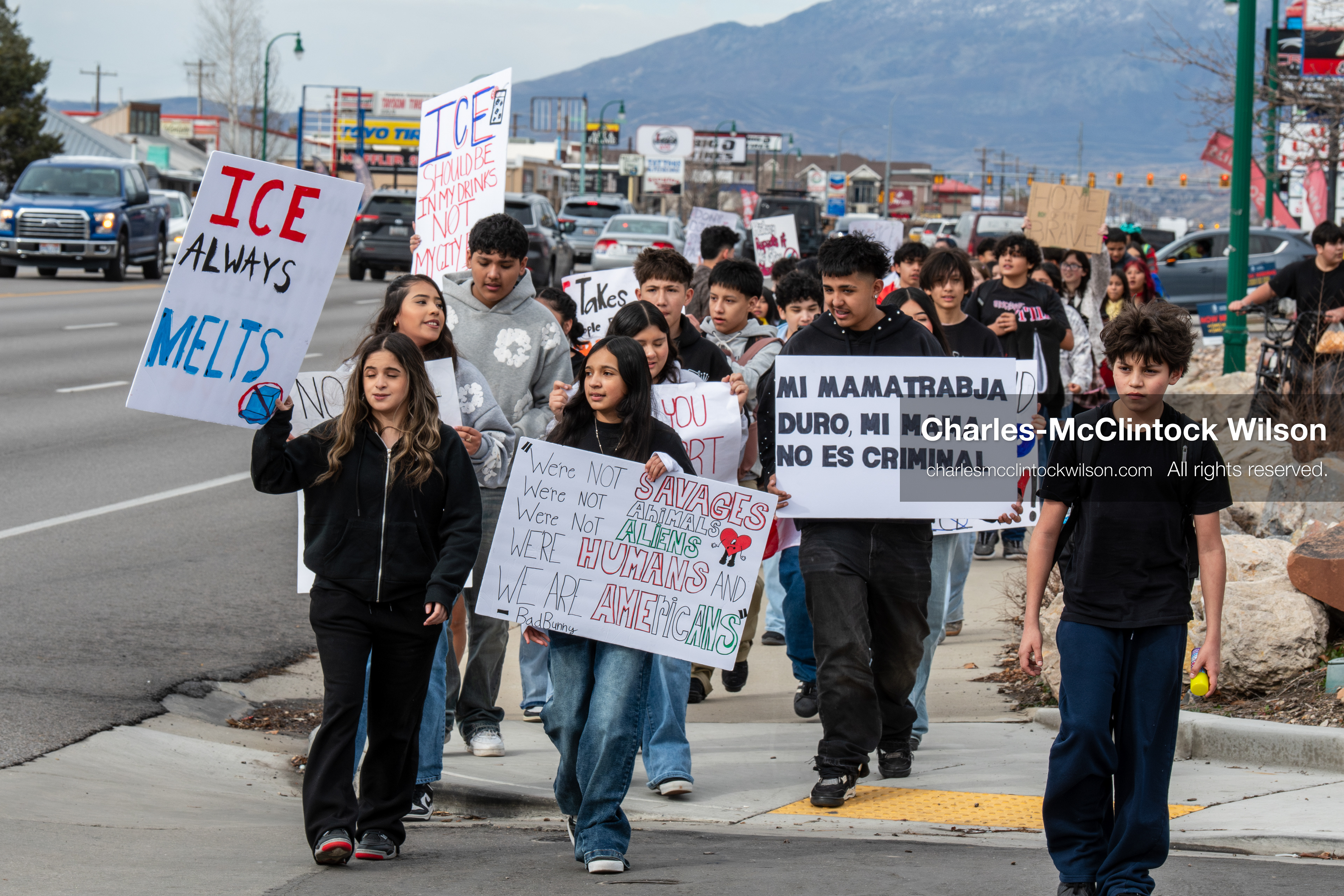 February 11, 2026, Orem, Utah, USA: Students march along State Street during a student‑led protest involving participants from multiple Orem schools. (Credit Image: © Charles‑McClintock Wilson/ZUMA Press Wire)