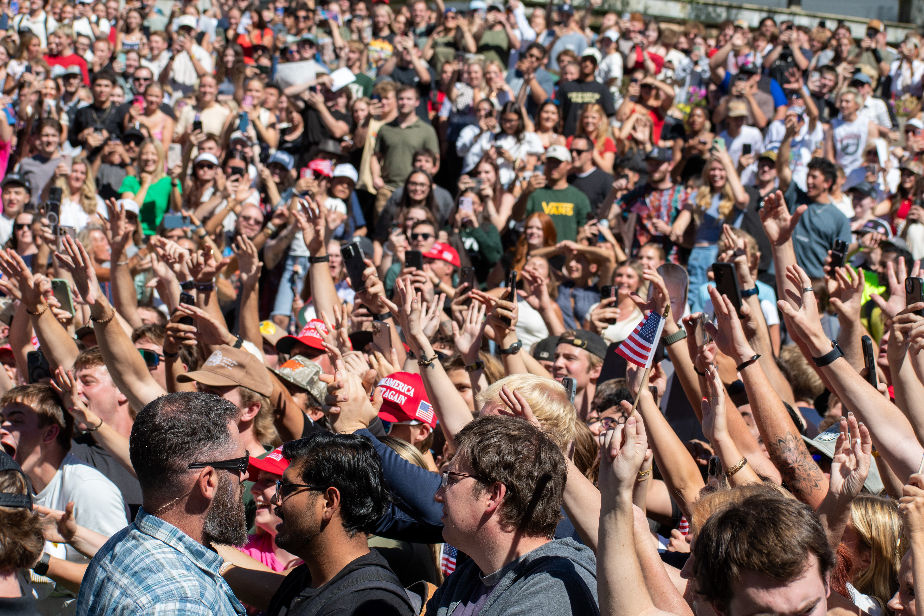 OREM, UTAH – SEPTEMBER 10, 2025: Attendees gather in close formation at Utah Valley University for the opening stop of the American Comeback Tour. The image captures a moment of shared anticipation and civic presence, reflecting the energy, emotion, and communal engagement that defined the event’s intended spirit. © Charles-McClintock Wilson / ZUMA Press