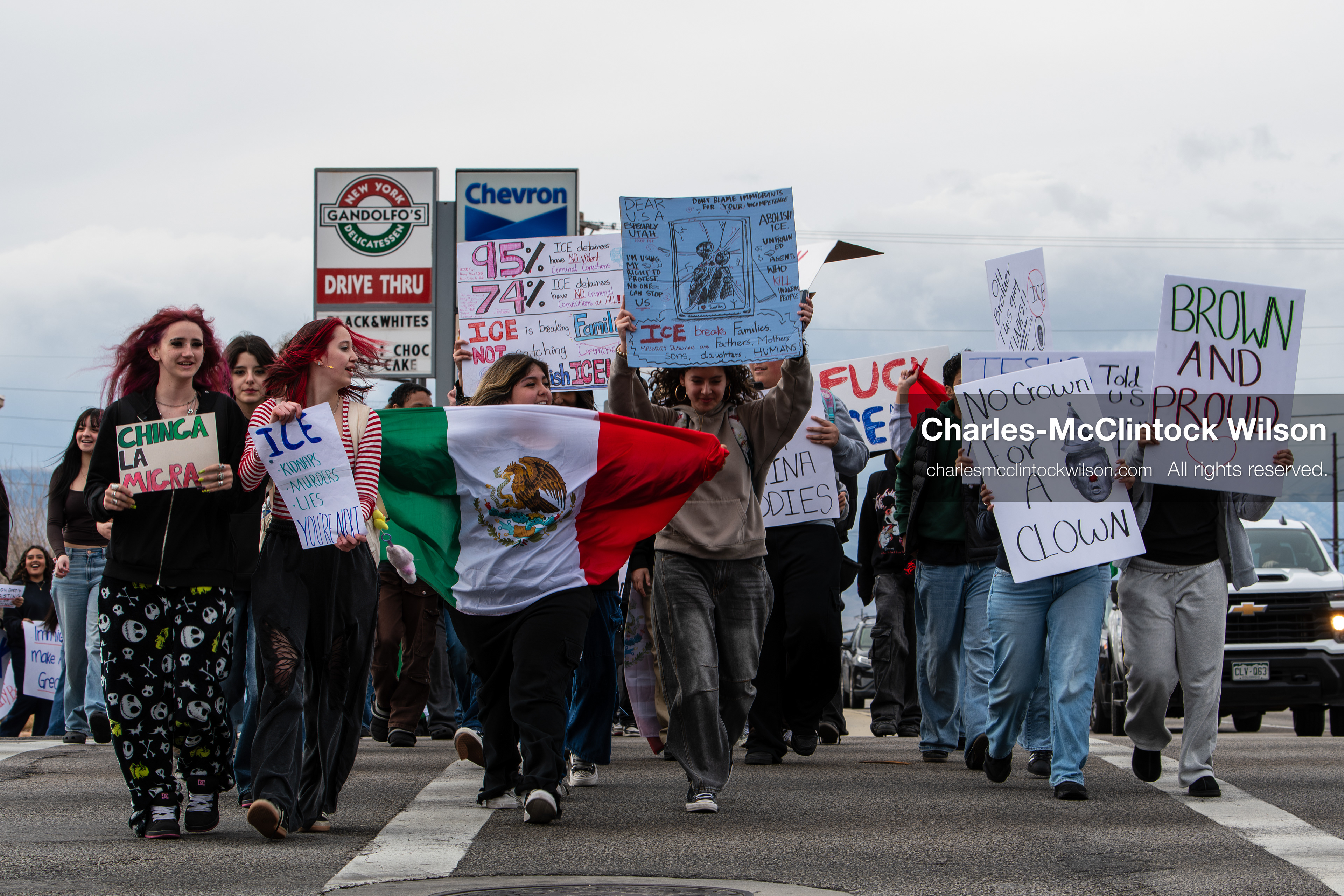 February 11, 2026, Orem, Utah, USA: Students march along State Street during a student‑led protest involving participants from multiple Orem schools. (Credit Image: © Charles‑McClintock Wilson/ZUMA Press Wire)