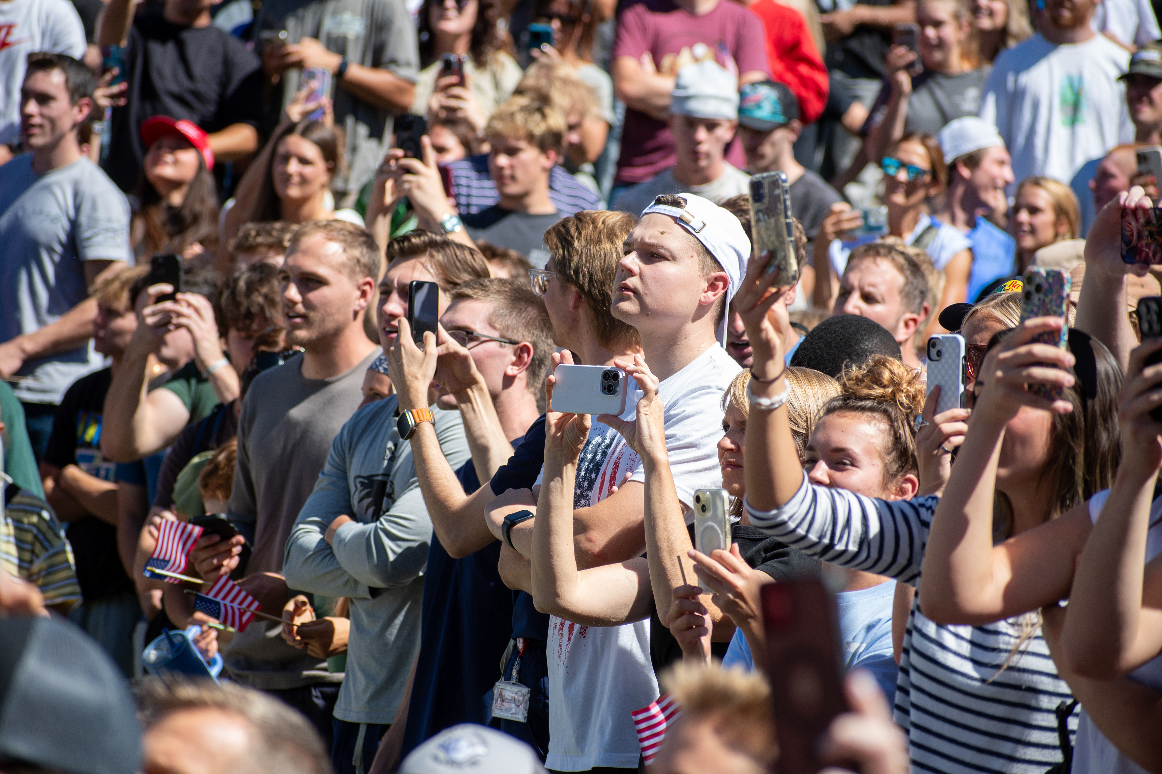OREM, UTAH – SEPTEMBER 10, 2025: Attendees gather in close formation at Utah Valley University for the opening stop of the American Comeback Tour. The image captures a moment of shared anticipation and civic presence, reflecting the energy, emotion, and communal engagement that defined the event’s intended spirit. © Charles-McClintock Wilson / ZUMA Press