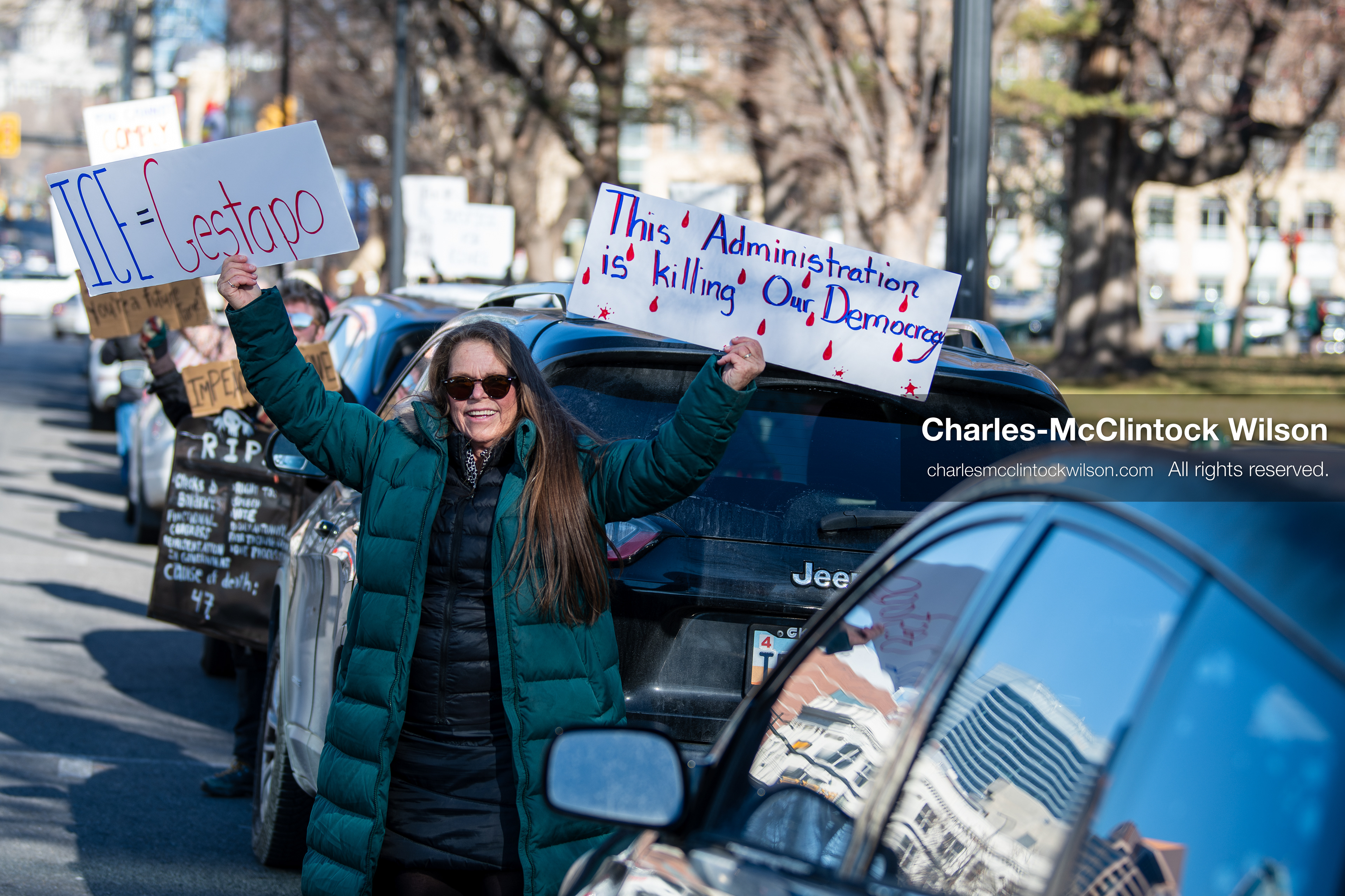 Salt Lake City, Utah, January 10, 2026: Protesters stand with signs at Washington Square Park during the ICE Out for Good protest, a demonstration calling for justice for Renee Nicole Good. (Credit Image: © Charles‑McClintock Wilson/ZUMA Press Wire)