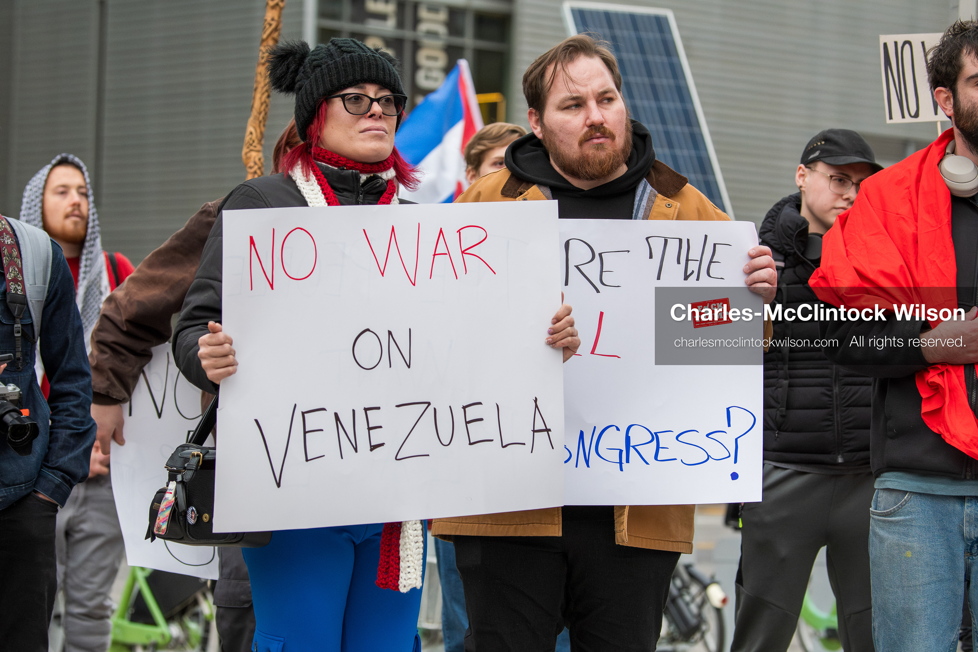 January 3, 2026, Salt Lake City, Utah, USA: Protesters hold signs during an emergency demonstration against US action in Venezuela outside the Wallace Federal Building in Salt Lake City, Utah. The event was part of a nationwide mobilization responding to recent military developments. (Credit Image: (c) Charles‑McClintock Wilson/ZUMA Press Wire)