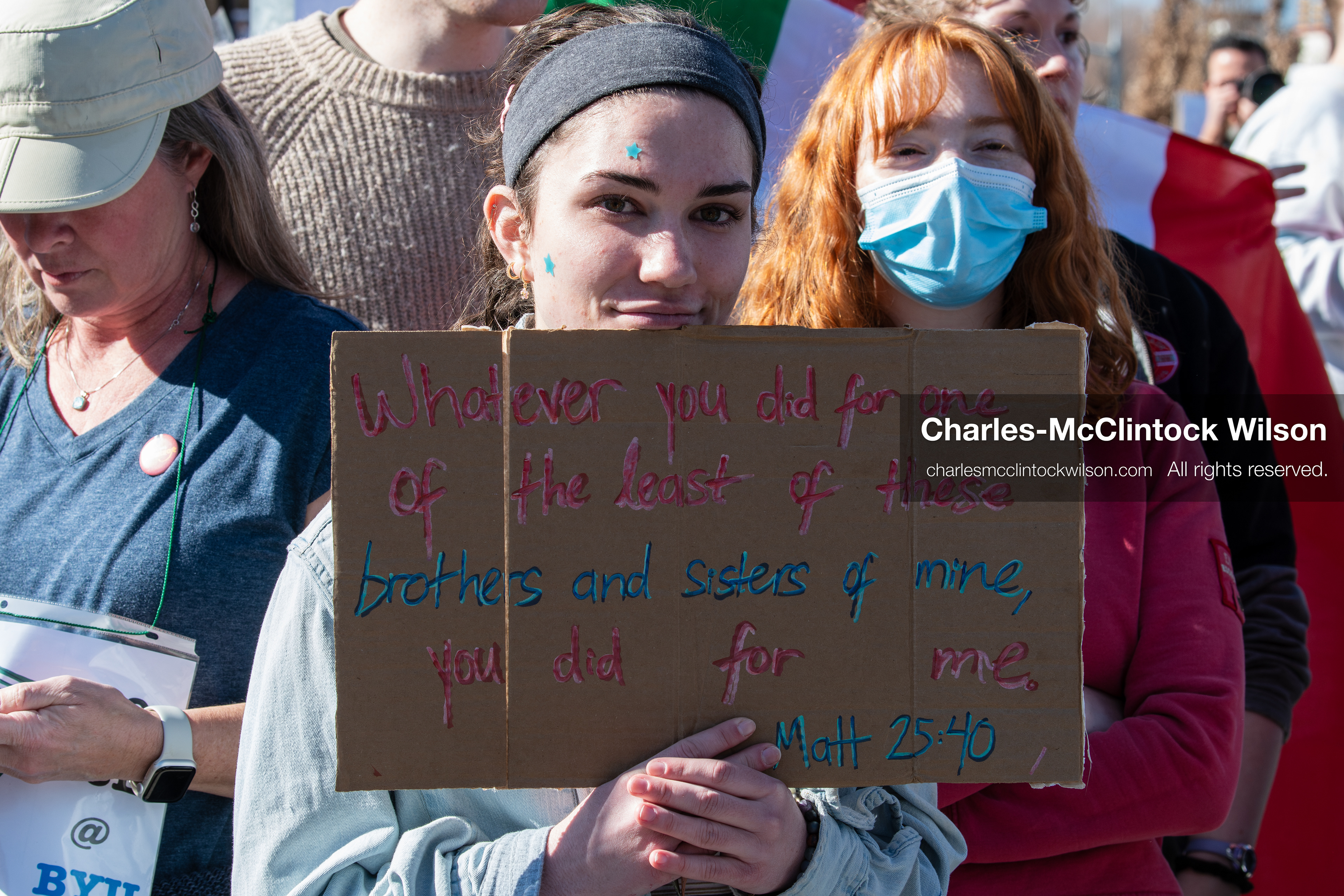 February 5, 2026, Provo, Utah, USA: A demonstrator holds a sign during a gathering near Brigham Young University in Provo where students and community members protested the presence of US Customs and Border Protection recruiters at a career fair held on the BYU campus. (Credit Image: © Charles McClintock Wilson/ZUMA Press Wire)