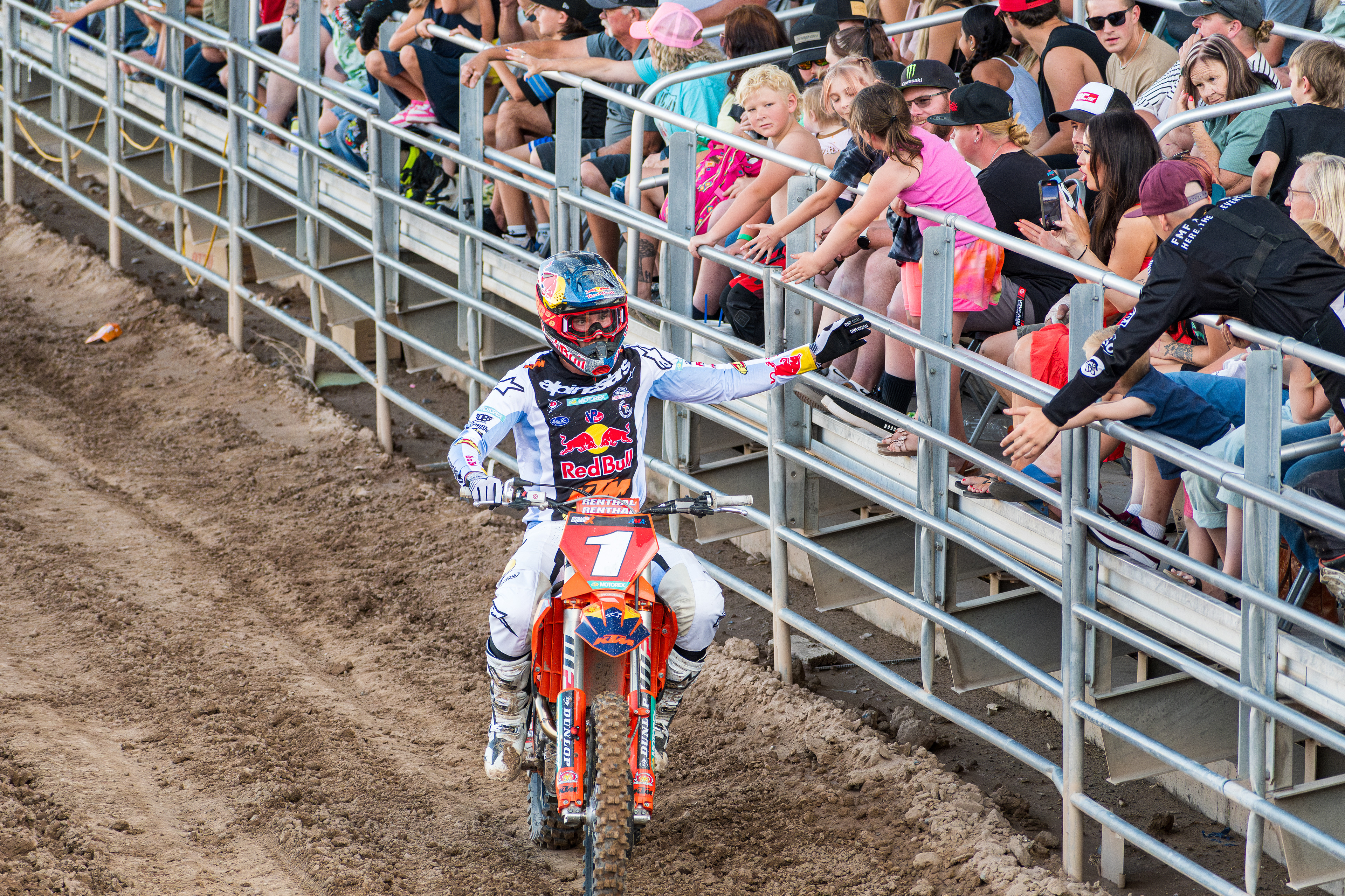 Nephi, Utah – June 28, 2025: Canadian rider Trystan Hart greets fans while riding out of the arena after competing in the Juab Xtreme Racing event.