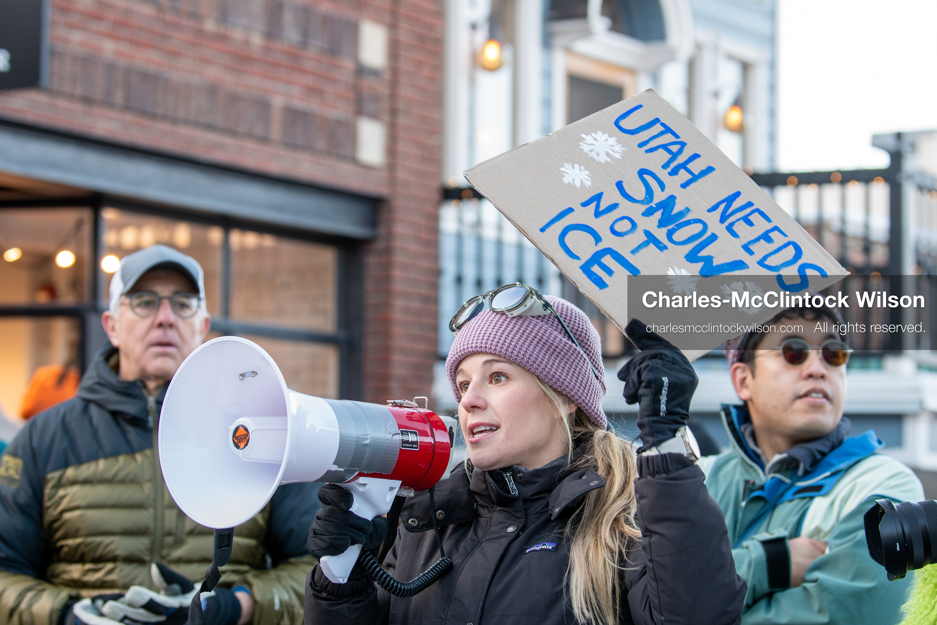  January 26, 2026, Park City, Utah, USA: CAROLINE GLEICH, a professional ski mountaineer, endurance athlete, and activist who was the Democratic nominee for the 2024 U.S. Senate election in Utah, speaks through a megaphone during a protest opposing U.S. Immigration and Customs Enforcement (I.C.E.) ICE agents at the Sundance Film Festival in Park City, Utah, on Monday, Jan. 26, 2026. The event was held in response to the fatal shooting of Alex Pretti by a U.S. Border Patrol officer in Minneapolis. (Credit Image: © Charles McClintock Wilson/ZUMA Press Wire