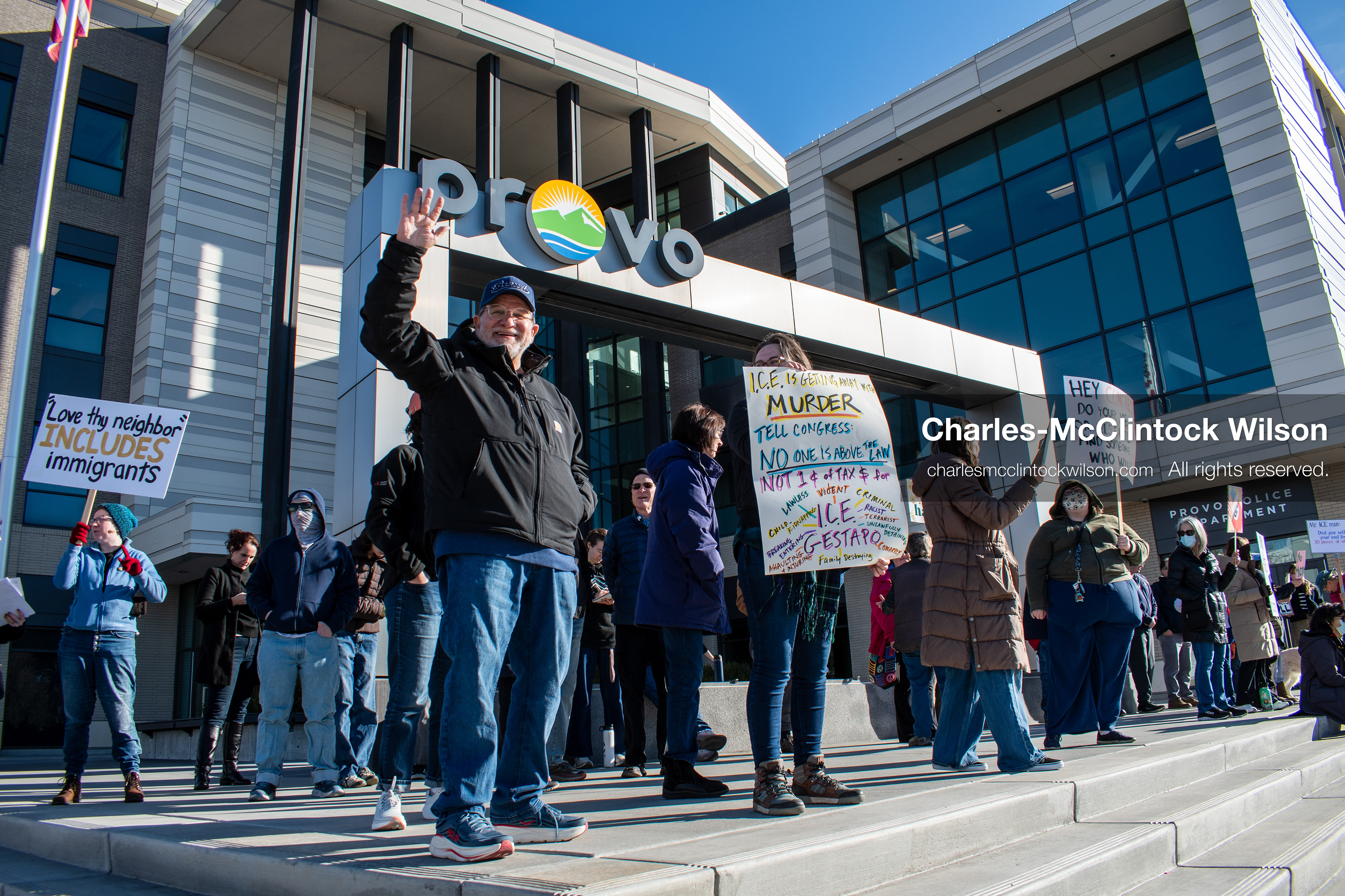 January 20, 2026, Provo, Utah, USA: Protesters gather outside Provo City Hall during the Free America Walkout protest in Provo, Utah, on January 20, 2026. Demonstrators held signs calling for justice, immigration reform, and an end to detention practices. (Credit Image: © Charles-McClintock Wilson/ZUMA Press Wire)