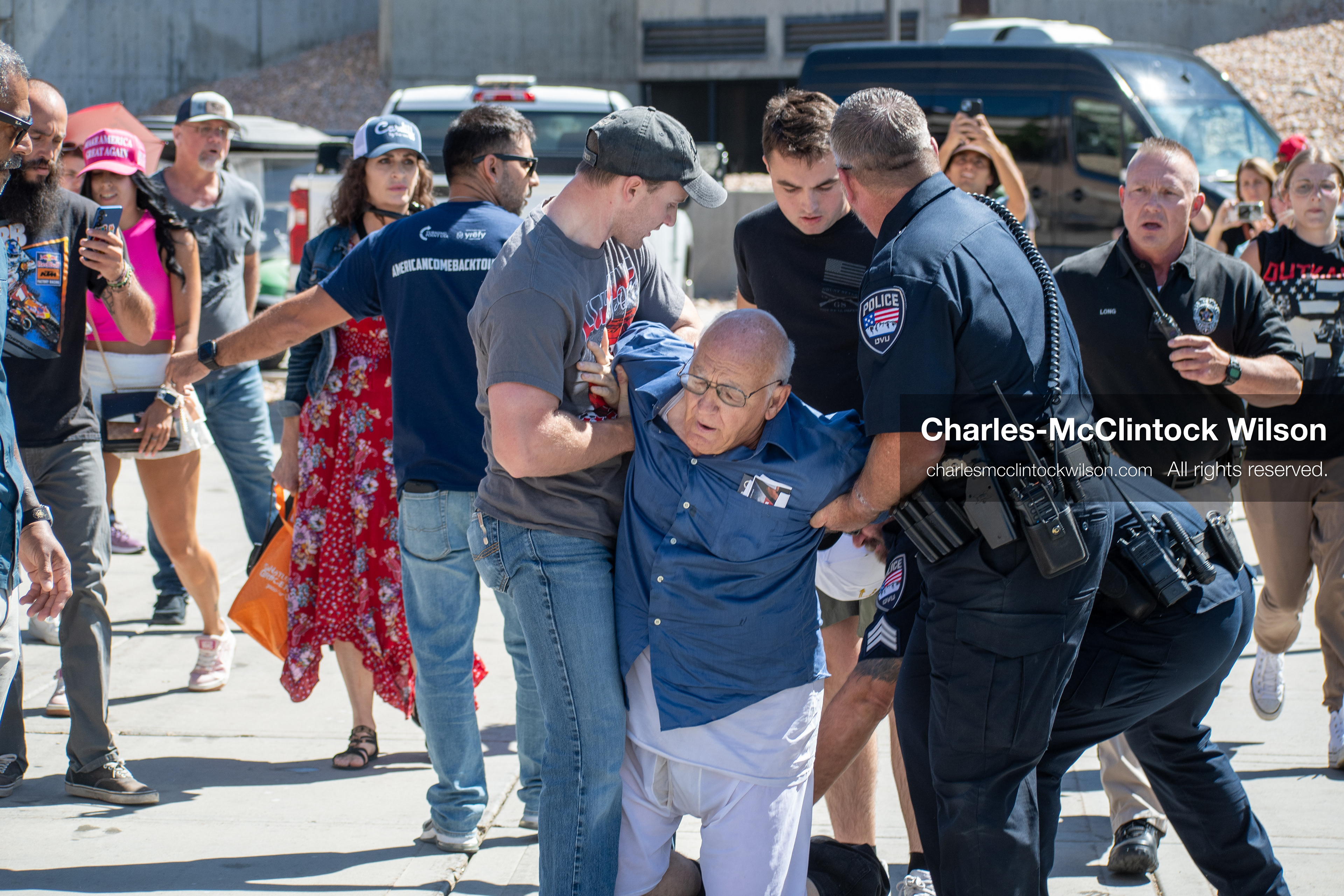 September 10, 2025, Orem, Utah, USA: George Zinn is taken into custody by campus security following the fatal shooting of Charlie Kirk during a public event at Utah Valley University. At the time of the arrest, Zinn was identified as the alleged shooter. He was later released and subsequently arrested on unrelated charges. Law enforcement confirmed that the actual suspect remained at large during this initial response. (Credit Image: © Charles-McClintock Wilson/ZUMA Press Wire)