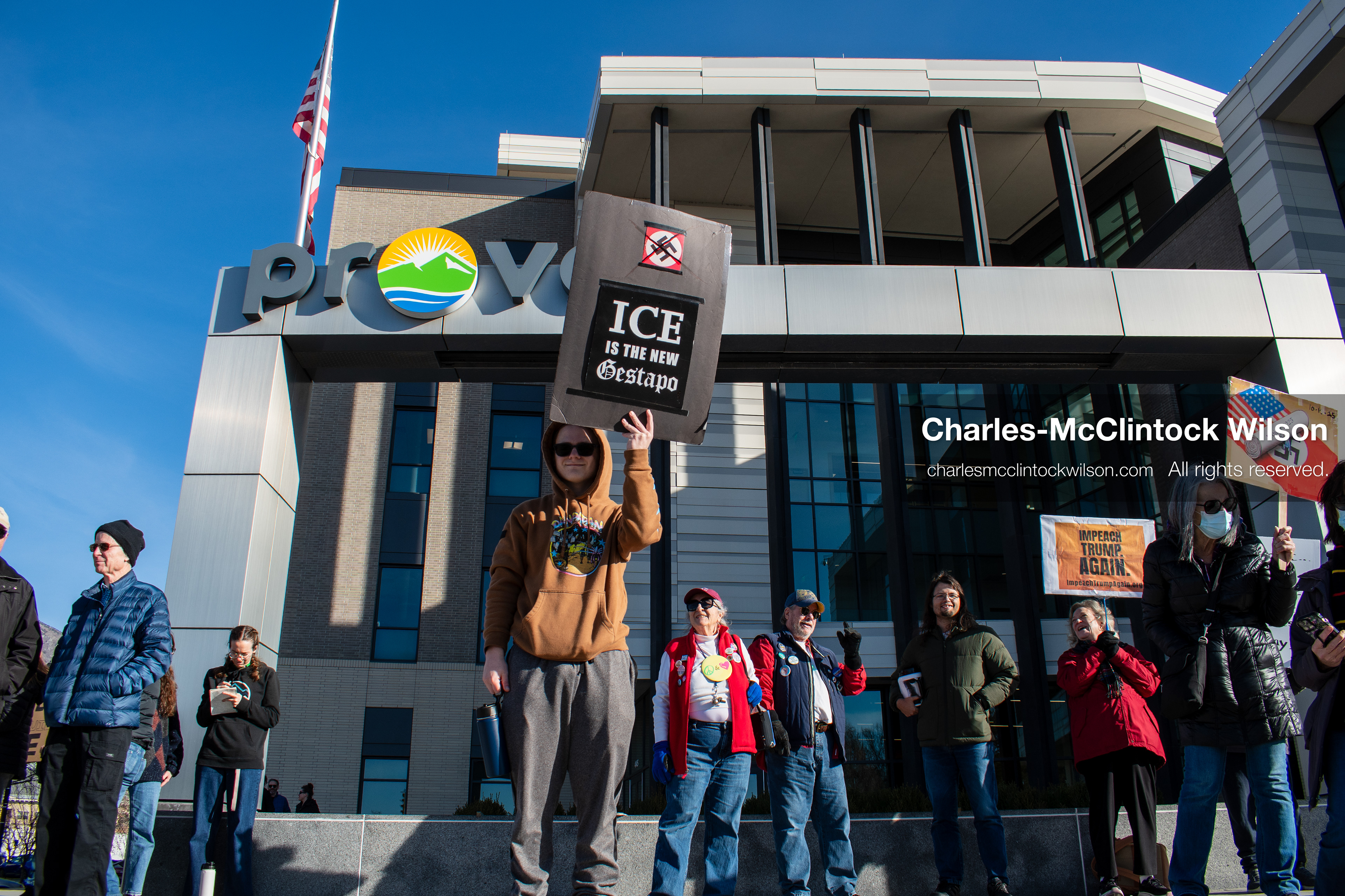 January 20, 2026, Provo, Utah, USA: Protesters gather outside Provo City Hall during the Free America Walkout protest in Provo, Utah, on January 20, 2026. Demonstrators held signs calling for justice, immigration reform, and an end to detention practices. (Credit Image: © Charles-McClintock Wilson/ZUMA Press Wire)