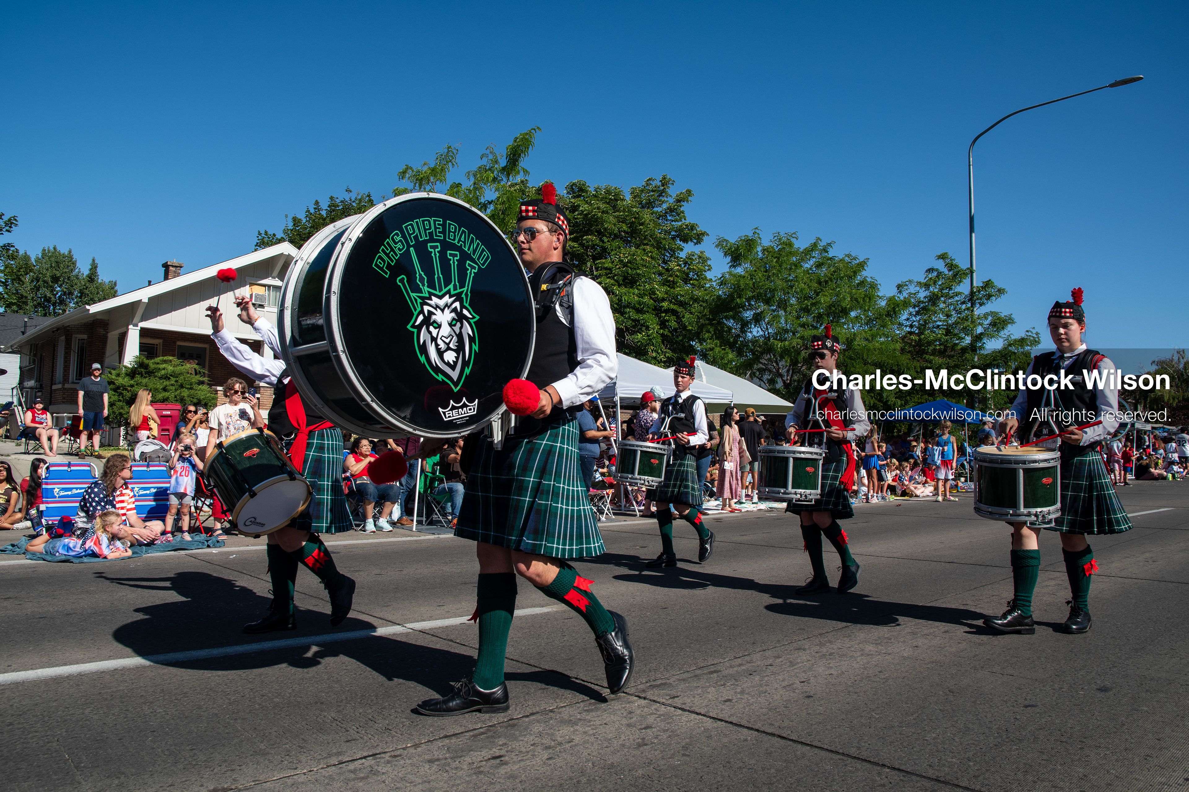 July 4, 2026, Provo, Utah, USA: Members of a pipe and drum band dressed in traditional Scottish kilts march down the street while playing bagpipes during America's Freedom Festival Grand Parade in Provo, Utah, Saturday, July 4, 2026. The annual Independence Day event features expanded programming to honor the 250th anniversary of United States independence. (Credit Image: © Charles-McClintock Wilson/ZUMA Press Wire)