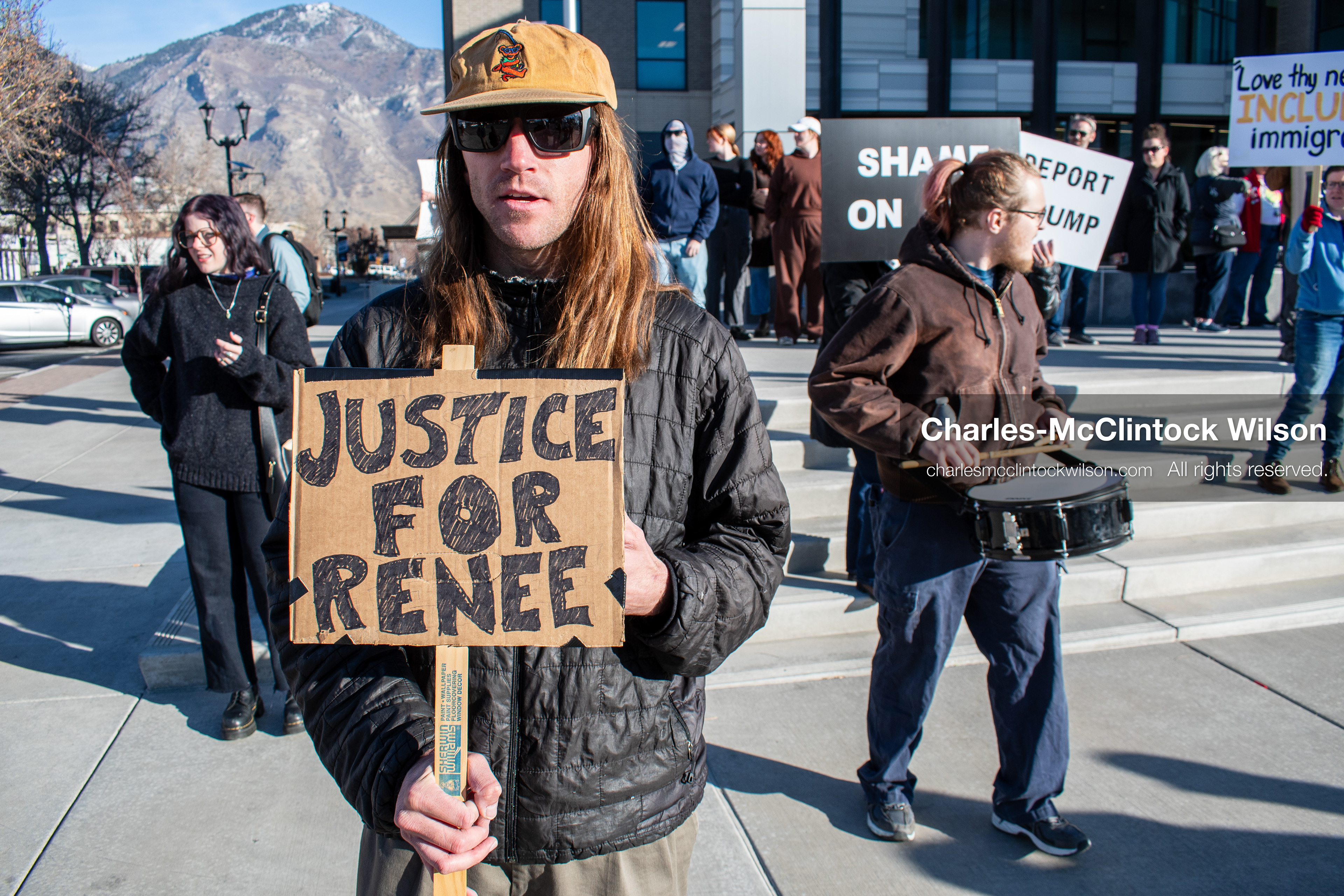 January 20, 2026, Provo, Utah, USA: Protesters gather outside Provo City Hall during the Free America Walkout protest in Provo, Utah, on January 20, 2026. Demonstrators held signs calling for justice, immigration reform, and an end to detention practices. (Credit Image: © Charles-McClintock Wilson/ZUMA Press Wire)